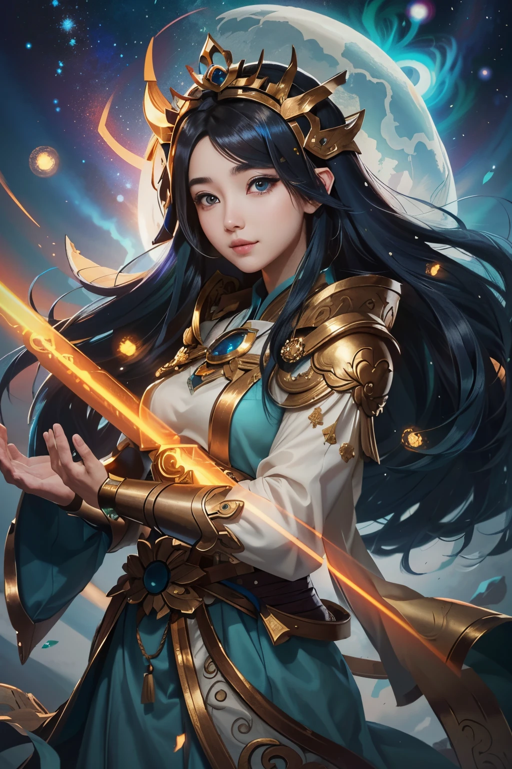 (master part, best quality:1.3)
SmiteAmaterasu, 1girl, sozinho, cabelos longos, olhos castanhos, Asian, Olhando para o Viewer, cabelos pretos, paisagem celeste, Estrelas e Nebulosas, Luar brilhante, Explorando o Cosmos