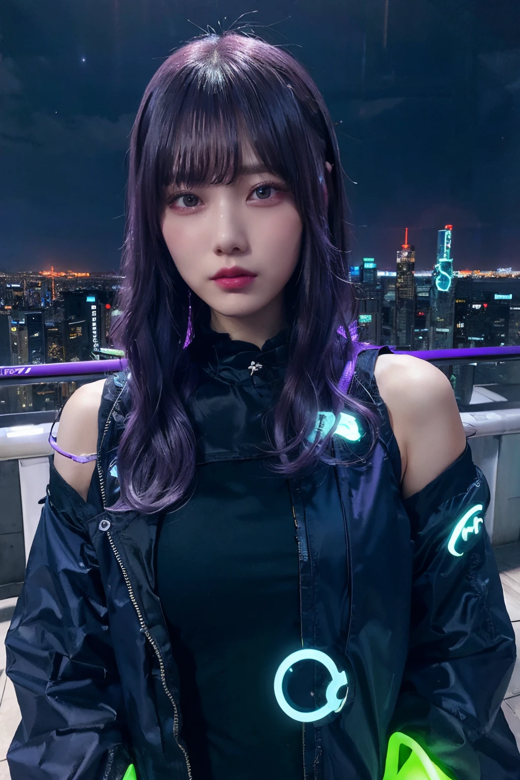 (​masterpiece), top-quality, 超A high resolution,teens girl, Cyberpunk stunning cityscape,parka, ((purple color  hair)), Neon Color Shooting Star, Very long hair, off shoulders, feathers hair ornament, neon color, The Flash, stunning night sky, 电影灯光, Photorealsitic, real looking skin, nffsw,fish-eye lens, (((Futuristic clothes with glowing parts)))