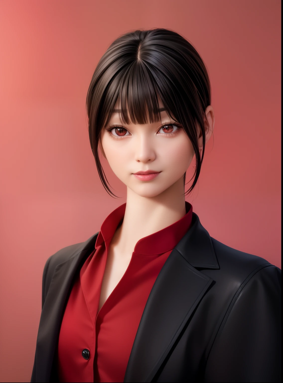 Close-up of a woman wearing a red shirt and black jacket, realistic anime 3 d style, photorealistic anime girl render, Smooth Anime CG Art, 8K portrait rendering, 3 d anime realistic, Anime Realism Style, photorealistic anime, anime styled 3d, photorealistic art style, realistic anime art style, high quality portrait, render of april