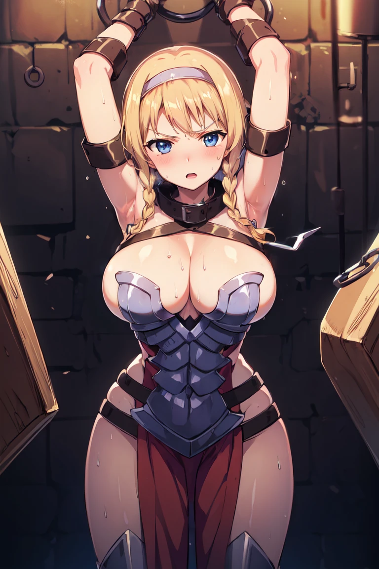 LeinaQuiron woman, 1girl, solo, breasts, blush, blue eyes, blonde hair, large breasts, cleavage, braid, hairband, armor, twin braids, side braid, short hair with long locks, buckle, shield BREAK (masterpiece, best quality:1.3), 4k, ultra-detailed, trending in pixiv, detailed background, detailed eyes, BREAK (in the prison, jail, dungeon:1.4), BREAK front view, (cowboy shot, standing, arms up, bound wrists, restrained, chain, cuffs:1.3), looking at viewer, angry, (sweat, shiny skin:1.3)