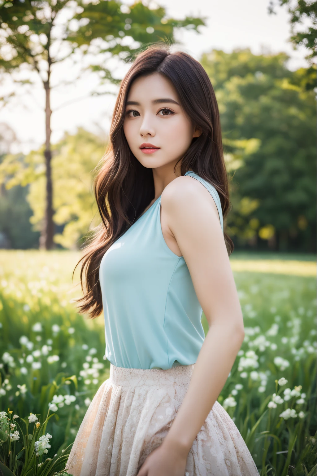 Beautiful portrait of a beautiful  girl in Lily of the valley field, Science fiction、 hips up high、A detailed eye, Art Station, foco nítido, Photorealsitic, 35 mm, Ultra Detail, radiant light、Background bokeh