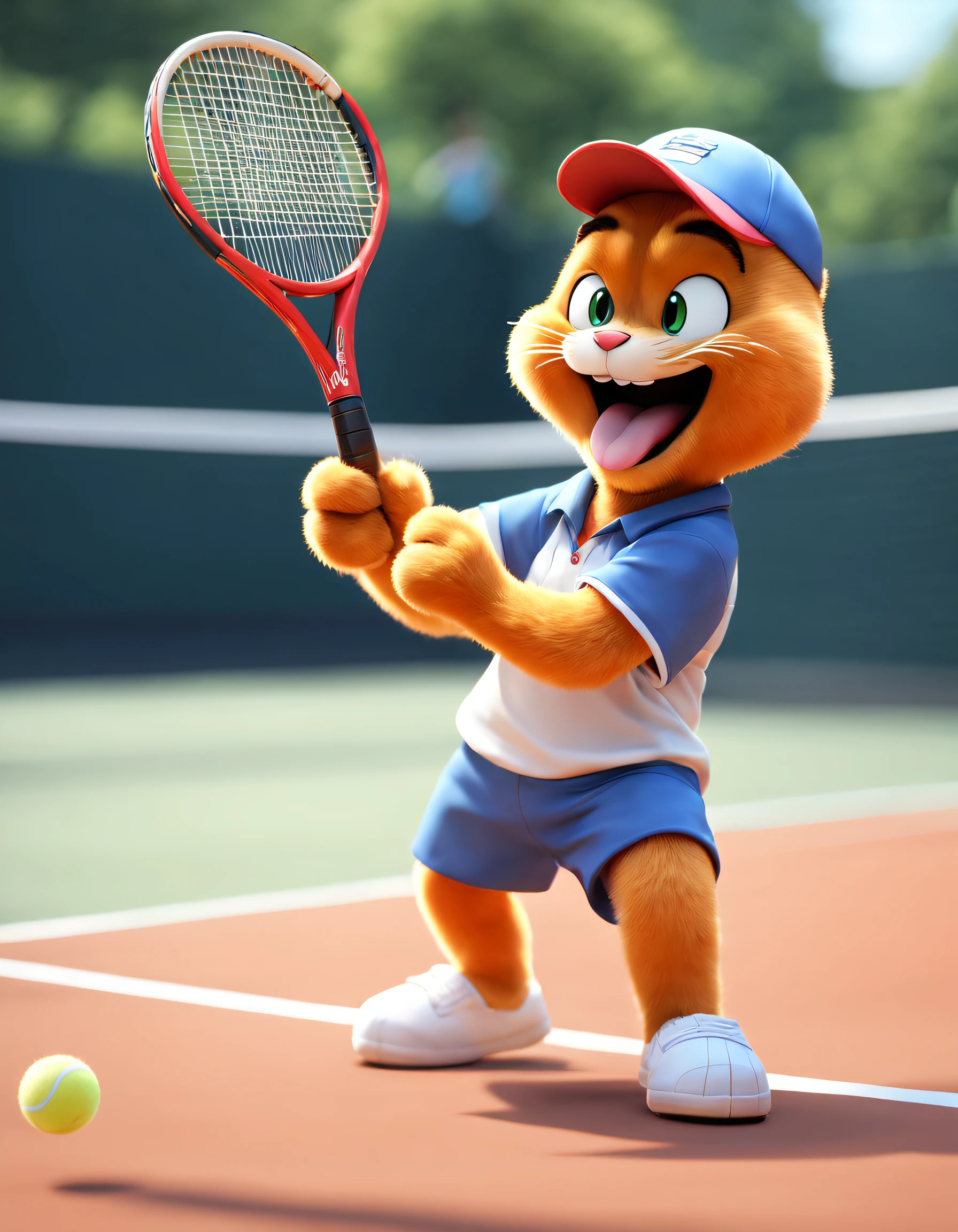 style of anime, motionblur, ray traycing, vignetting, tmasterpiece, super detailing, high detal, high high quality, Award-Awarded, A high resolution, 8K， 
(There is a Garfield playing tennis), （waving a tennis racket）, Hitting action，Wearing a red and blue tennis suit, Sporty headband，Exaggerated serious expression, largeeyes, long eyelasher，Makeup，Hairy beard,（Long tail：1.0）， Background with： Tennis match scene，
 3D, Cartoonish, Produced by Pixar, kawaii, an anthropomorphic turtle，comic strip，