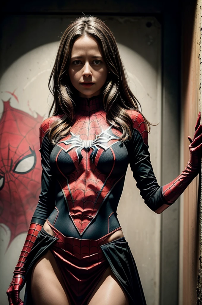 Amy Acker、Sticking out the navel、newyork、She wears a torn Spider-Man suit,wearing skirt、 Red and black color scheme,Dynamic、​masterpiece、top-quality、ultra-detailliert、ighly detailed、beautiful detailed brilliance、超A high resolution