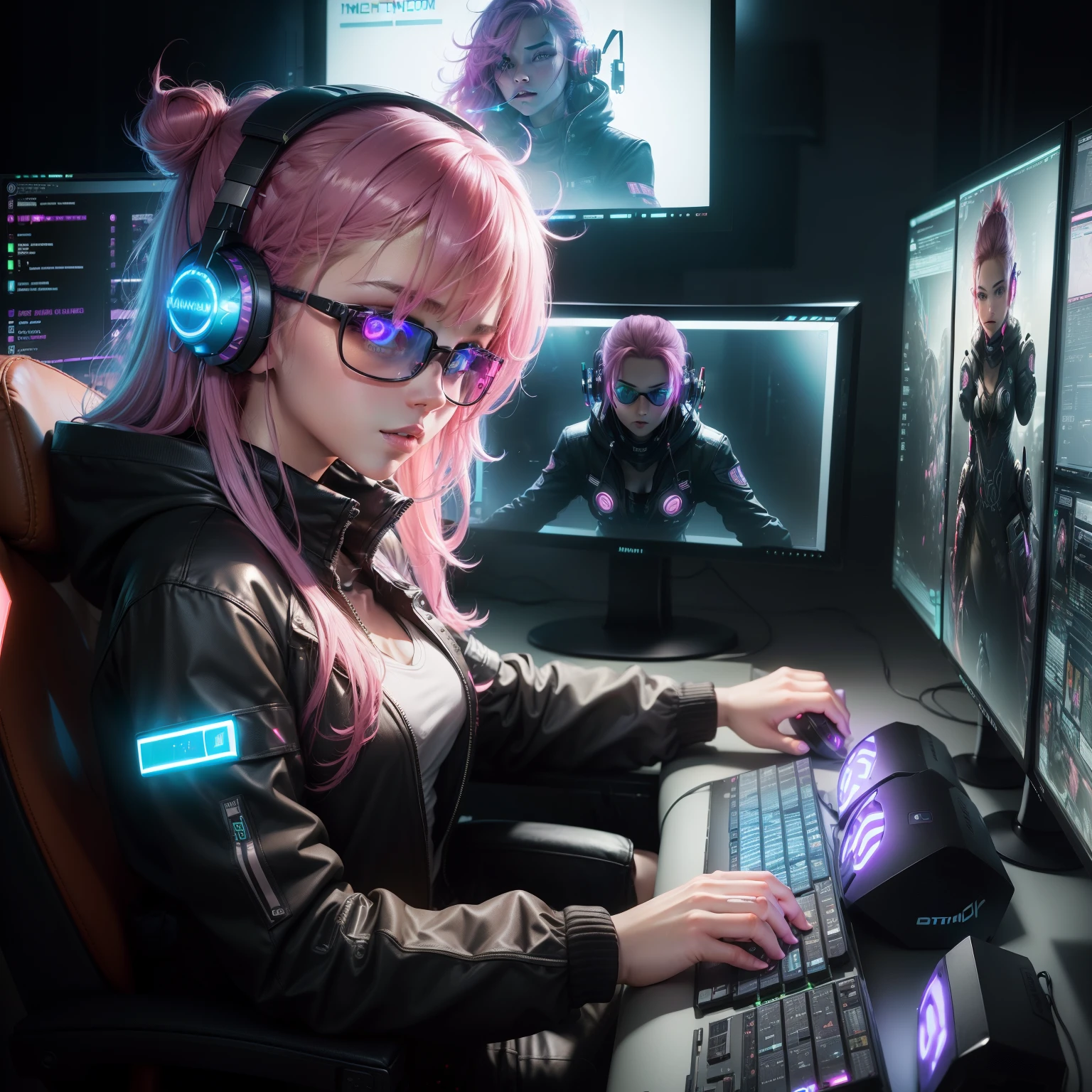 ((Masterpiece)), (((Best Quality)))), ((Illustration)), (Depth of Field: 1.2),Solo,Dynamic Angle,1 Girl,Hacker Beautiful medium skin colored Girl, Indoors, Room, Dim Room, Sci-Fi, Neon, Neon Lights, Cyberpunk, Computer Room, Gaming Headphones, Computer Equipment, Ethical Hacker, Server Room Background, display lights, monitors, (LED monitors, surrounded by multiple display monitors: 1.5), gaming chair, bright pink hair highlights, long hair, light cyber clothes, energy drinks, cables, messy room, front, bottom, talking at camera, wearing cyber punk aviator googles