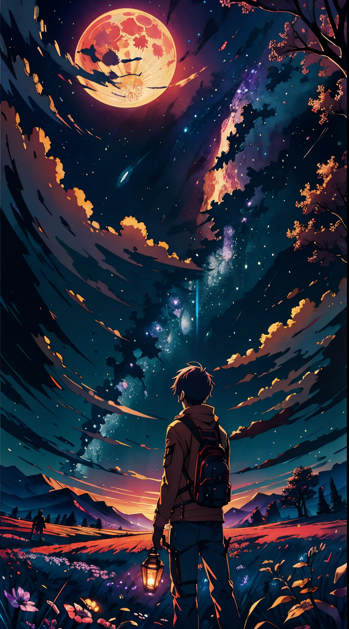 Vast landscape photos , (a view from below that shows sky above and open field below), Boy standing in a flower field and looking up, (fullmoon:1.2), ( shooting stars:0.9), (nebulas:1.3), distant mountain, tree BREAK
Production art, (Warm light source:1.2), (firefly:1.2), apples, lot of purple and orange, Intricate details, Volumetric Lighting BREAK
(masutepiece:1.2), (Best Quality), 4K, Ultra-detailed, (dynamic compositions:1.4), Highly detailed, Colorful Detail,( Iridescent colors:1.2), (Glowing lighting, Atmospheric lighting), Dreamy, Magical, (Solo:1.2)
