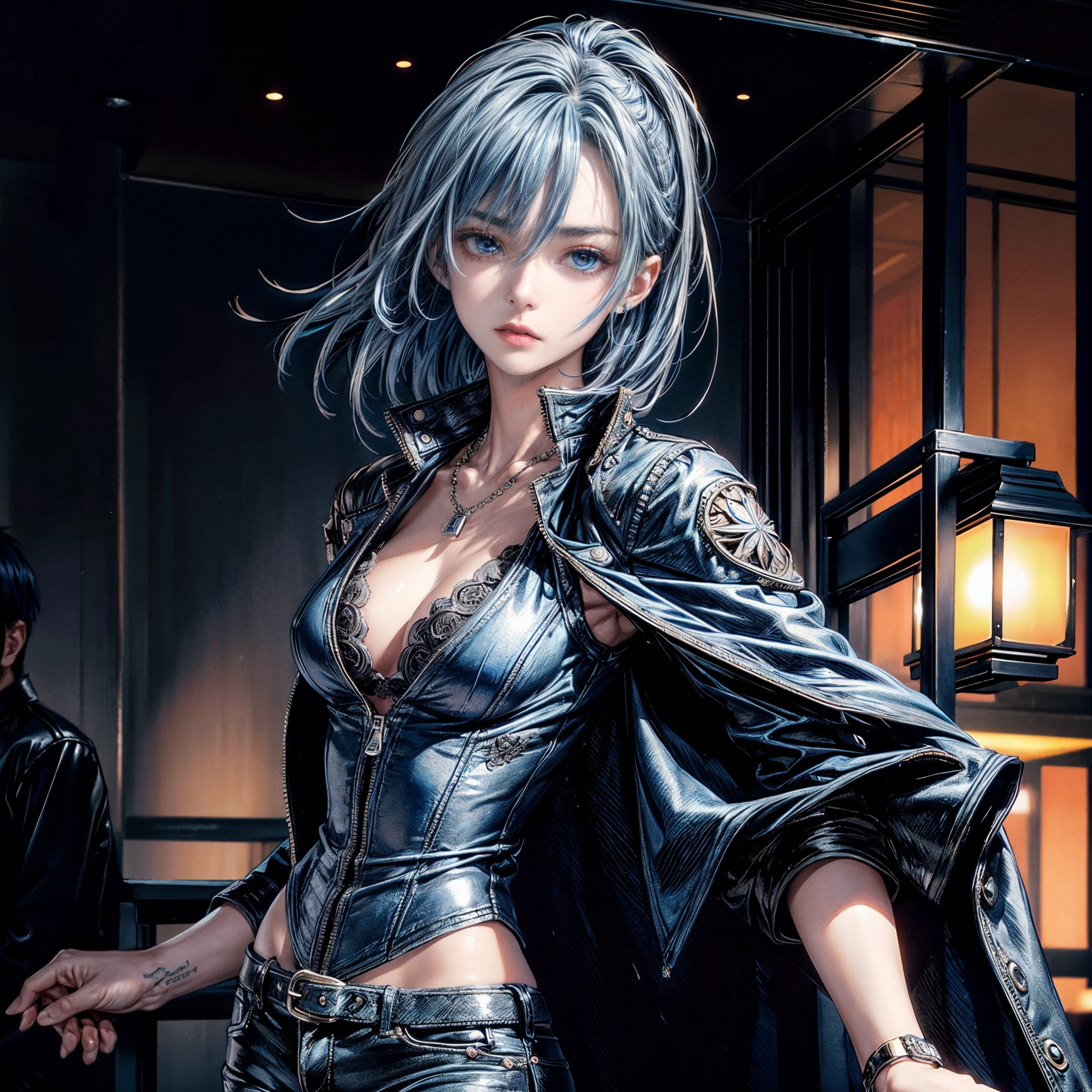 Cinematic lighting、16k picture quality、highlydetailed skin、masutepiece,1girl in, Solo、Best Quality,cyberpunked,(Beautuful Women、1 persons、Detailed beautiful facial features、Medium Hair、Blue hair、blue eyess:1.3)a necklace(Black leather jacket、denim pant、Normal breasts:1.1).(Black glove on the right hand:1.4)natta(Midnight、Near the entrance of a modern bar:1.5)