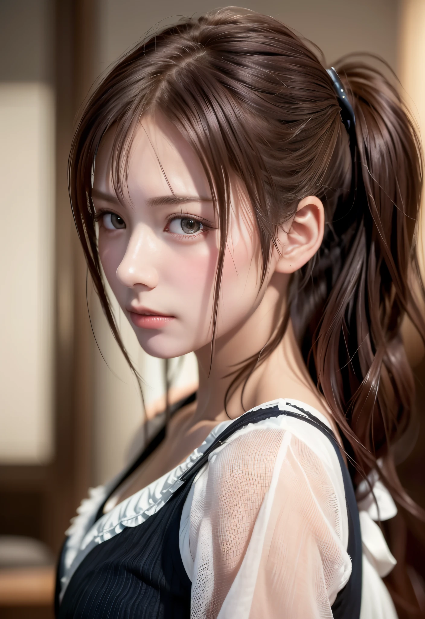 8K, of the highest quality, masutepiece:1.2), (Realistic, Photorealsitic:1.37), of the highest quality, masutepiece, Beautiful young woman, Pensive expression, Thoughtful look, Cute Maid Clothes, Hair tied back, Messy mood, Cinematic background, Tired, Light skin tone