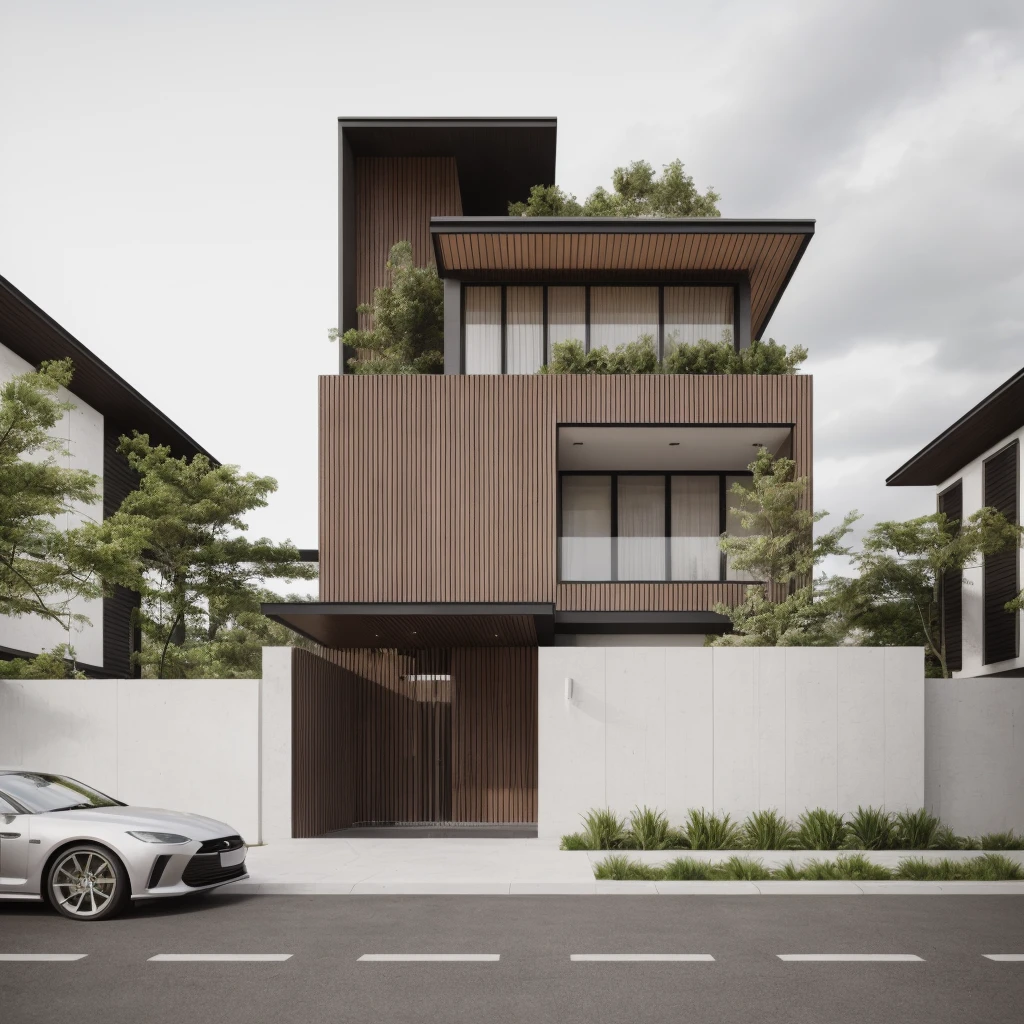 a view of a modern home with a large front yard, main material by glossy white wall and black stone and wood, 1 road runs in front of the house, (RAW photo, real, best quality, masterpiece:1.2), look morden minimalist, 1 road in front of the house, shime ring light, light brighteness from indoor:1.2, dynamic lighting:1.3, (hyper realistic, photo-realistic:1.2), high quality, day lighht, hight contrast :0.5 perfect lighting, archdaily, award winning contemporary, contemporary masterpiece, well-designed masterpiece, large modern residence, neotraditional modern, wide angle exterior 2022, midcentury modern, contemporary house, hip modern vibe, a long-shot from front, award winning modern design, stunning lines, residential, subtle detailing