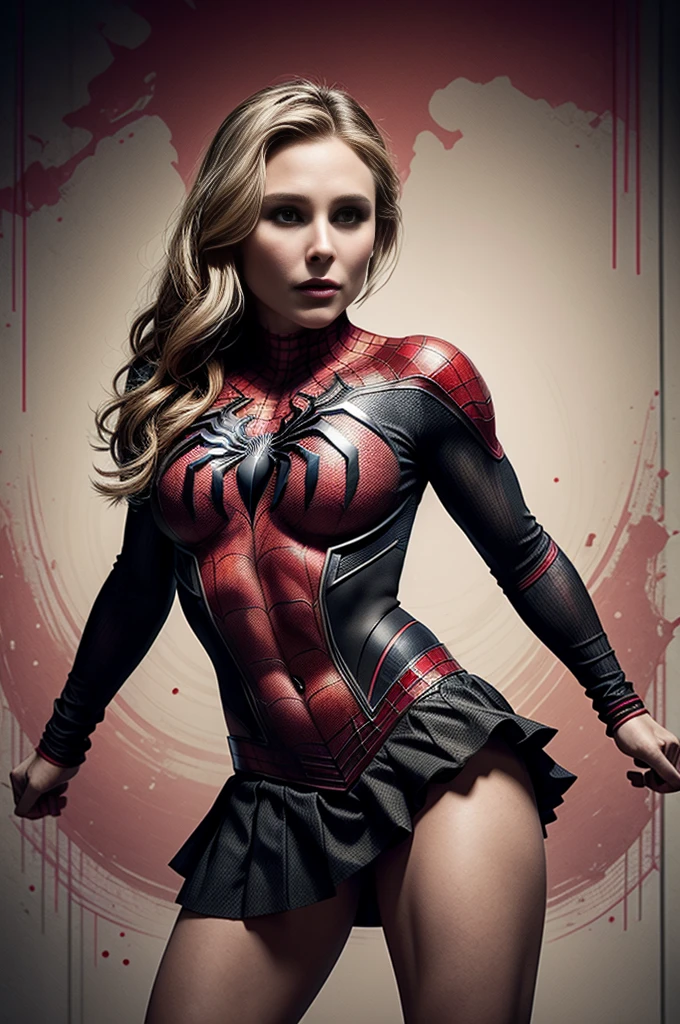 Kristen Bell、Sticking out the navel、newyork、She wears a torn Spider-Man suit,wearing skirt、 Red and black color scheme,Dynamic、masterpiece、top-quality、ultra-detailliert、ighly detailed、beautiful detailed brilliance、超A high resolution