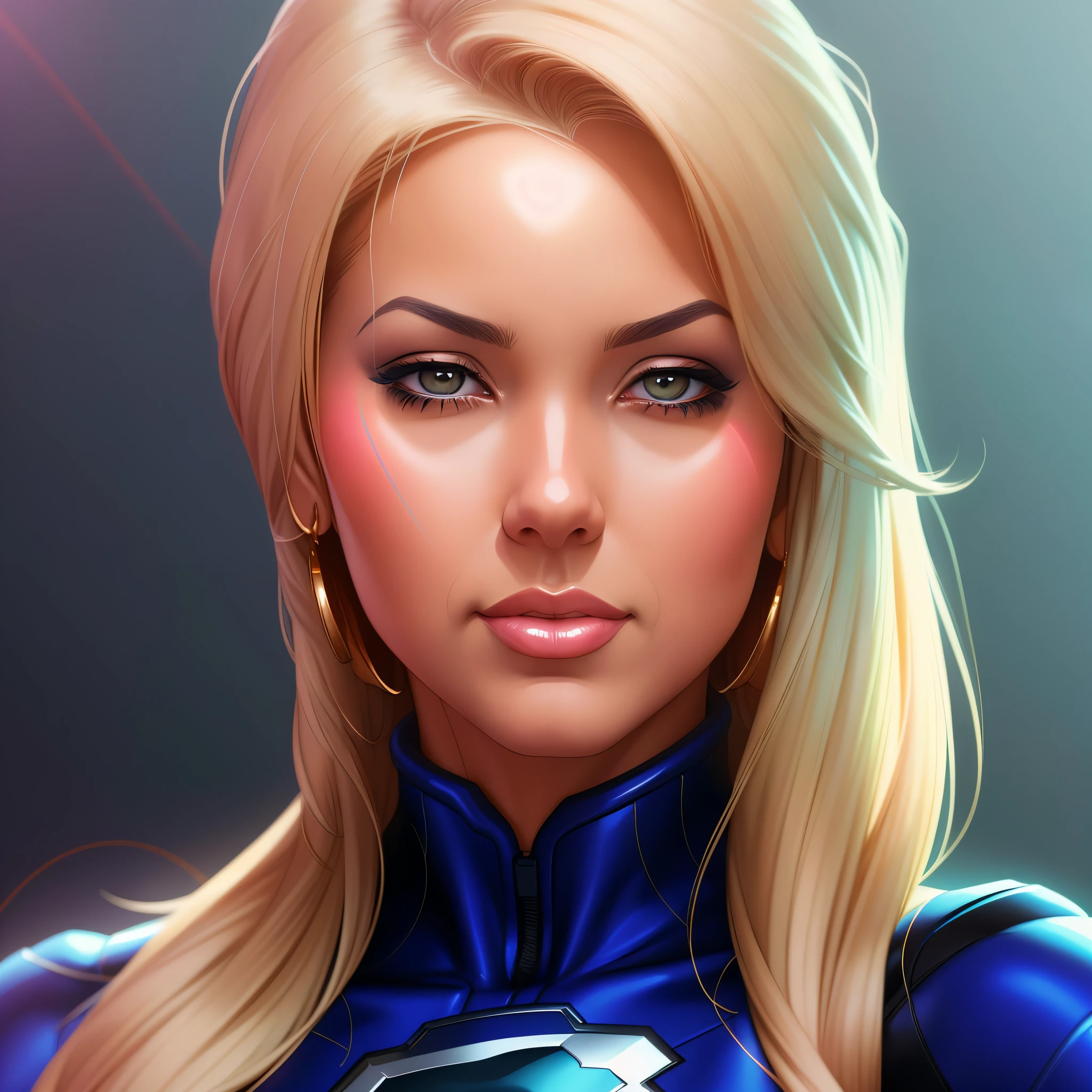 a close up of a woman with blonde hair and a blue suit, closeup character portrait, artgerm jsc, cgsociety portrait, glossy digital painting, superhero portrait, artgerm portrait, character portrait closeup, drawn in the style of artgerm, character art closeup, character art portrait, digital airbrush painting, artgerm julie bell beeple