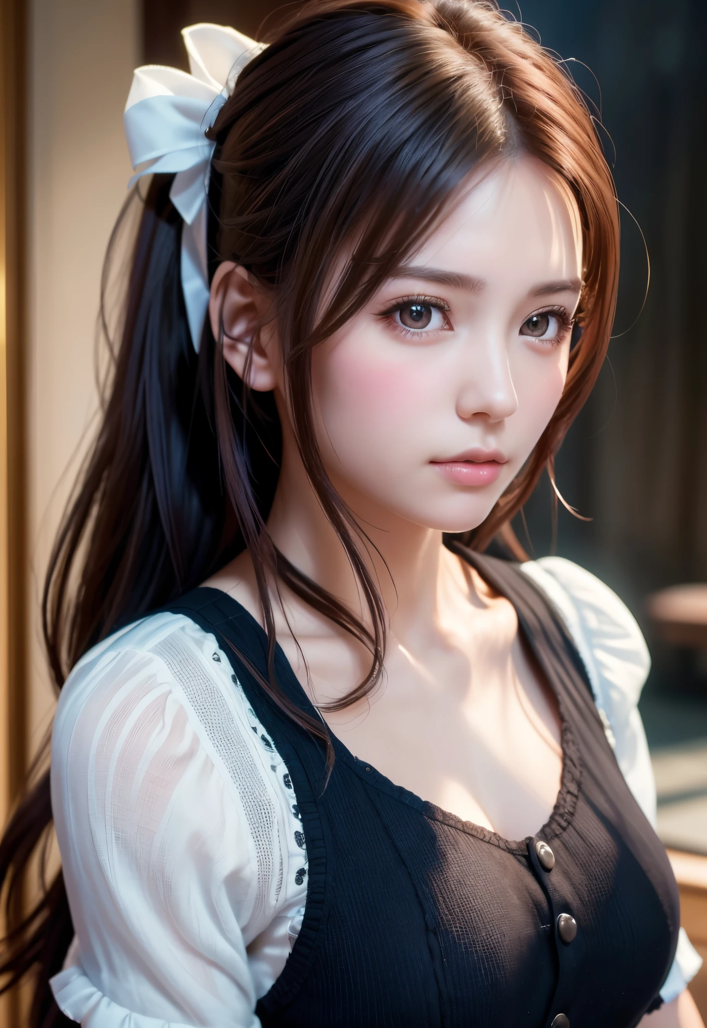 8K, of the highest quality, masutepiece:1.2), (Realistic, Photorealsitic:1.37), of the highest quality, masutepiece, Beautiful young woman, Pensive expression, Thoughtful look, Cute Maid Clothes, Hair tied back, Messy mood, Cinematic background, Tired, Light skin tone