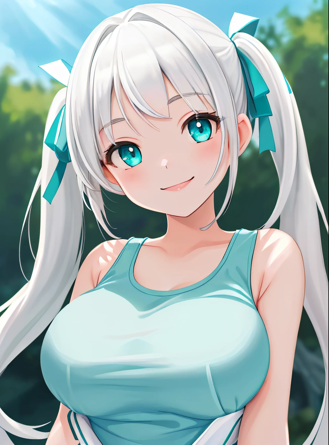 masterpiece, (best quality:1.4), detailed, girl, (solo), (white hair:1.2), (medium twintail hair:1.3), (sidelocks:1.1), (bangs:1.1), (large breast:1.3), ribbon, (aqua eyes:1.2), (smile:1.2), flower on head, upper body, (tank top:1.0), (hot tank top:1.2), (looking at viewer:1.2), sexy, detailed eyes, detailed hair, highres, outdoor, sky, (lighting:1.2), high details