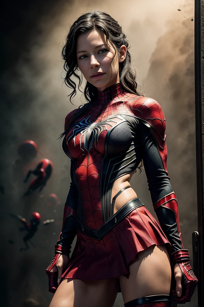 Evangeline Lilly、Sticking out the navel、newyork、She wears a torn Spider-Man suit,wearing skirt、 Red and black color scheme,Dynamic、masterpiece、top-quality、ultra-detailliert、ighly detailed、beautiful detailed brilliance、超A high resolution