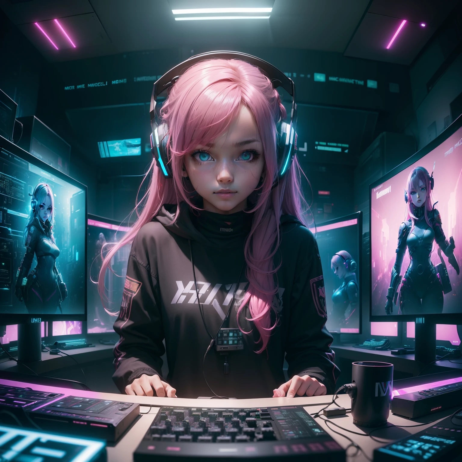 ((Masterpiece)), (((Best Quality)))), ((Illustration)), (Depth of Field: 1.2),Solo,Dynamic Angle,1 Girl,Hacker Beautiful 15 Years Old medium skin colored Girl, Indoors, Room, Dim Room, Sci-Fi, Neon, Neon Lights, Cyberpunk, Computer Room, Gaming Headphones, Computer Equipment, Ethical Hacker, Server Room Background, display lights, monitors, (LED monitors, surrounded by multiple display monitors: 1.5), gaming chair,  bright pink hair highlights, long hair, light cyber clothes, energy drinks, cables, messy room, front, bottom, talking at camera, wearing cyber punk aviator googles