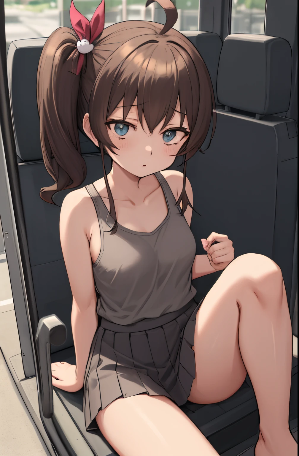 masutepiece, Best Quality, 1girl in, Solo, natsuiro matsuri, Blue eyes, Brown hair, Petite, Side Ponytail, cat hair ornament, Side Ponytail, Ahoge, Rat Chest, Sandy Brown Tank Top, flower trim, lightslategray skirt,, Hair Ribbon, Barefoot, in the bus, Large crowds, reclined, POV, Tired,open one's legs