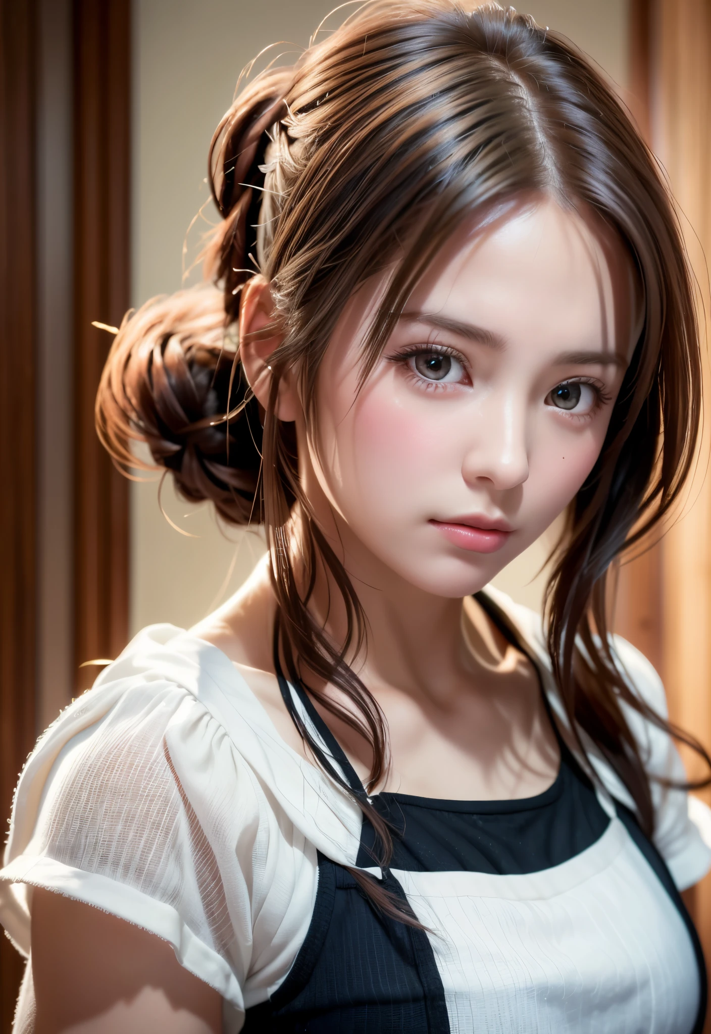 8K, of the highest quality, masutepiece:1.2), (Realistic, Photorealsitic:1.37), of the highest quality, masutepiece, Beautiful young woman, Pensive expression, Thoughtful look, Cute Maid Clothes, Hair tied back, Messy mood, Cinematic background, Tired, Light skin tone