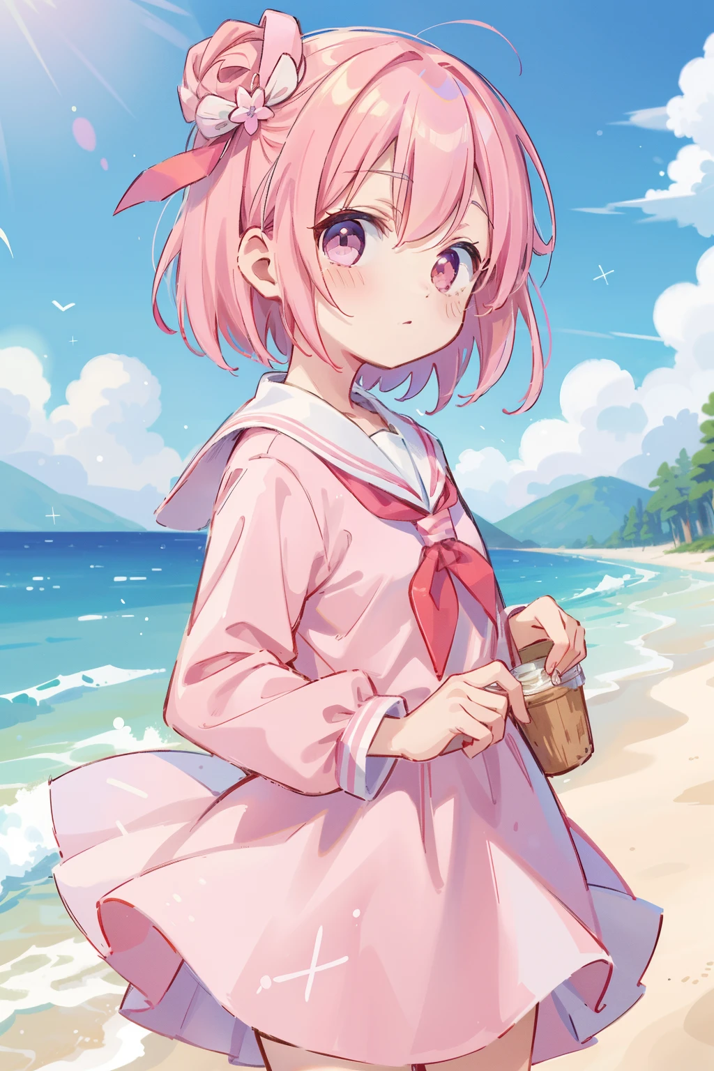 absurderes, hight resolution, (Anime style:1.1), ((masutepiece)), ((Best Quality)), (Ultra-detailed), (Beautiful), 独奏, Beautiful face、(liftup),cute girl on the sandy beach,Wind,light pink hair、bob、Hair short、Pink eyes、Hair flutters in the wind、pink sailor suit、a sailor suit、cute little、(masutepiece、Masterpiece、8K)(Best Quality)