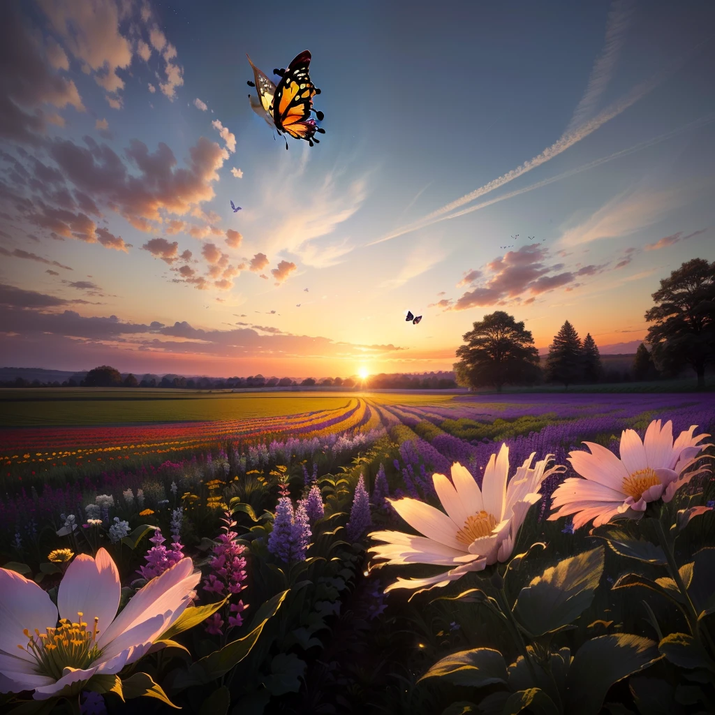 Butterfly flying over a flower meadow at sunset