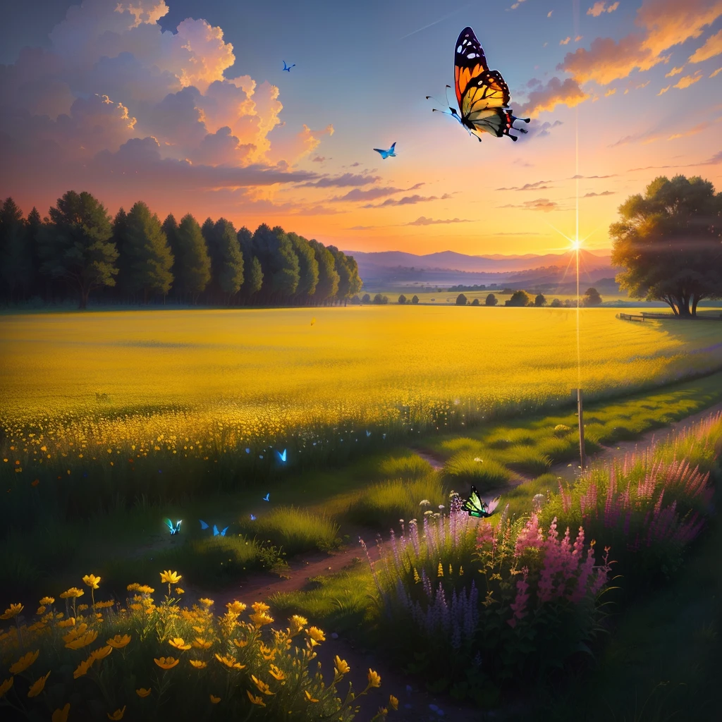 Butterfly flying over a flower meadow at sunset