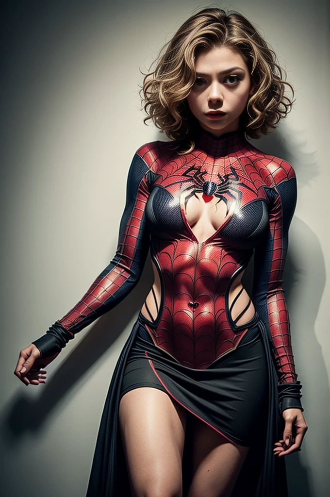 Alex Kingston Zendaya、Sticking out the navel、newyork、She wears a torn Spider-Man suit,wearing skirt、 Red and black color scheme,Dynamic、​masterpiece、top-quality、ultra-detailliert、ighly detailed、beautiful detailed brilliance、超A high resolution