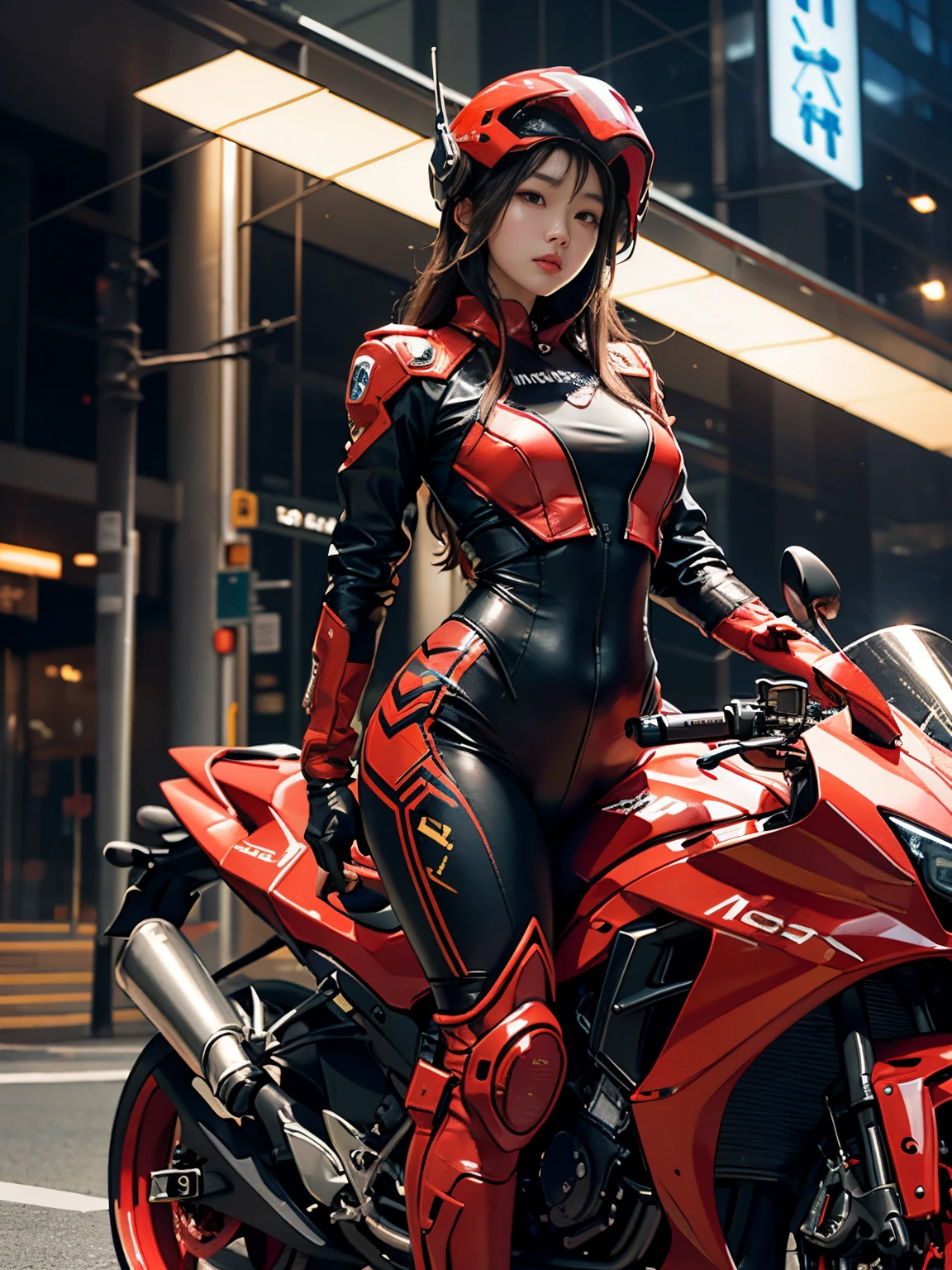 Highest image quality, Outstanding details, Ultra-high resolution, (Realism: 1.4), The best illustration, favor details, highly condensed 1girl, Korean+Chinese girl with a delicate and beautiful face, Dressed in black and red mechs, wearing a mech helmet, holding a directional controller, Riding on a motorcycle, the background is a high-tech lighting scene of the city of the future, full body, Look straight at viewer.