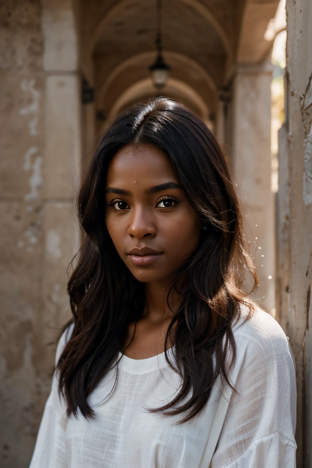 Hello, give me an ultra-realistic photo of a girl with approximately dark skin, de olhos claros, cabelos cacheado, e uma roupa bonita observando paisagens de montanha,