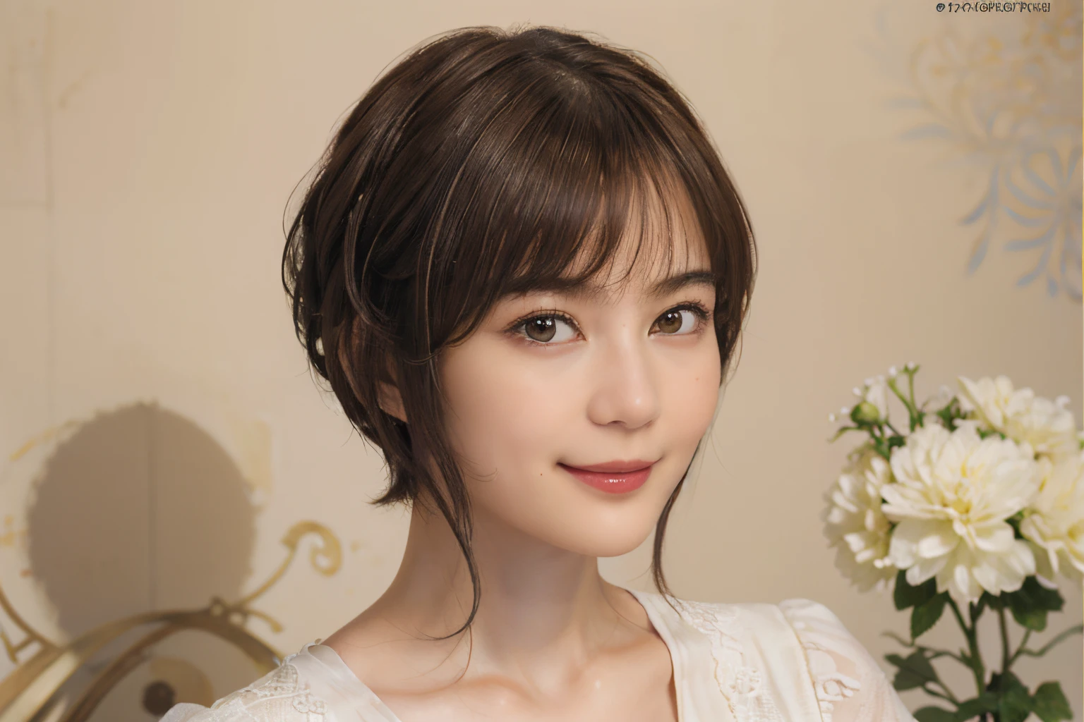 104
(a 20 yo woman,is standing), (A hyper-realistic), (high-level image quality), ((beautiful hairstyle 46)), ((short-hair)), (Gentle smile), (Keep your mouth shut), (The background is a trompe l'oeil), ((trickart:1.46)), (lipsticks)