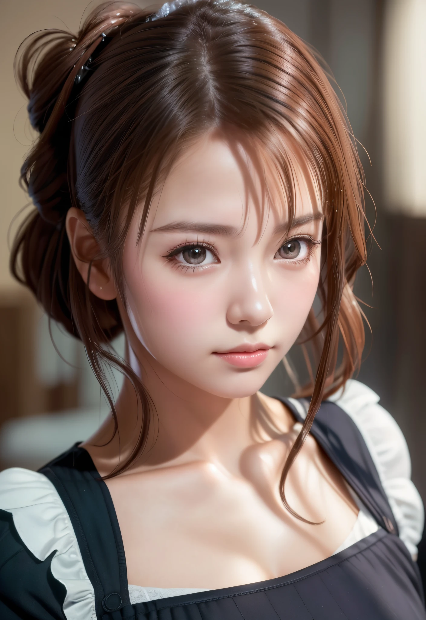 8K, of the highest quality, masutepiece:1.2), (Realistic, Photorealsitic:1.37), of the highest quality, masutepiece, Beautiful young woman, Pensive expression, Thoughtful look, Cute Maid Clothes, Hair tied back, Messy mood, Cinematic background, Light skin tone