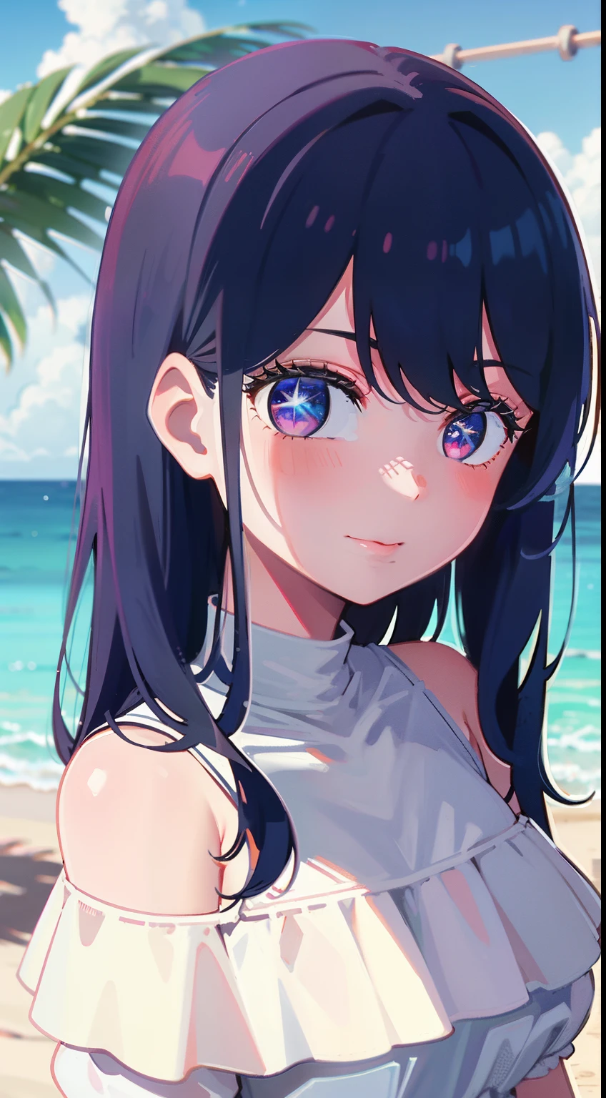 realisitic、top-quality、女の子 1 人、25-years old、Light colored hair、piercings、Shy face、Fancy Bikini、beautiful boob 、sexypose、s ass、night sandy beach、Particles of light、profetional lighting、blue open sky, ((black hair)), blue eyes