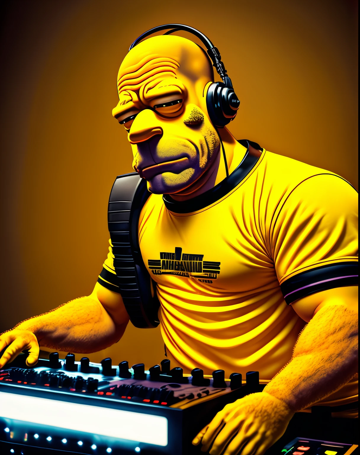 Homer Simpson DJ Habillé dans Jaune et Noir avec une Seringue planted dans le bras