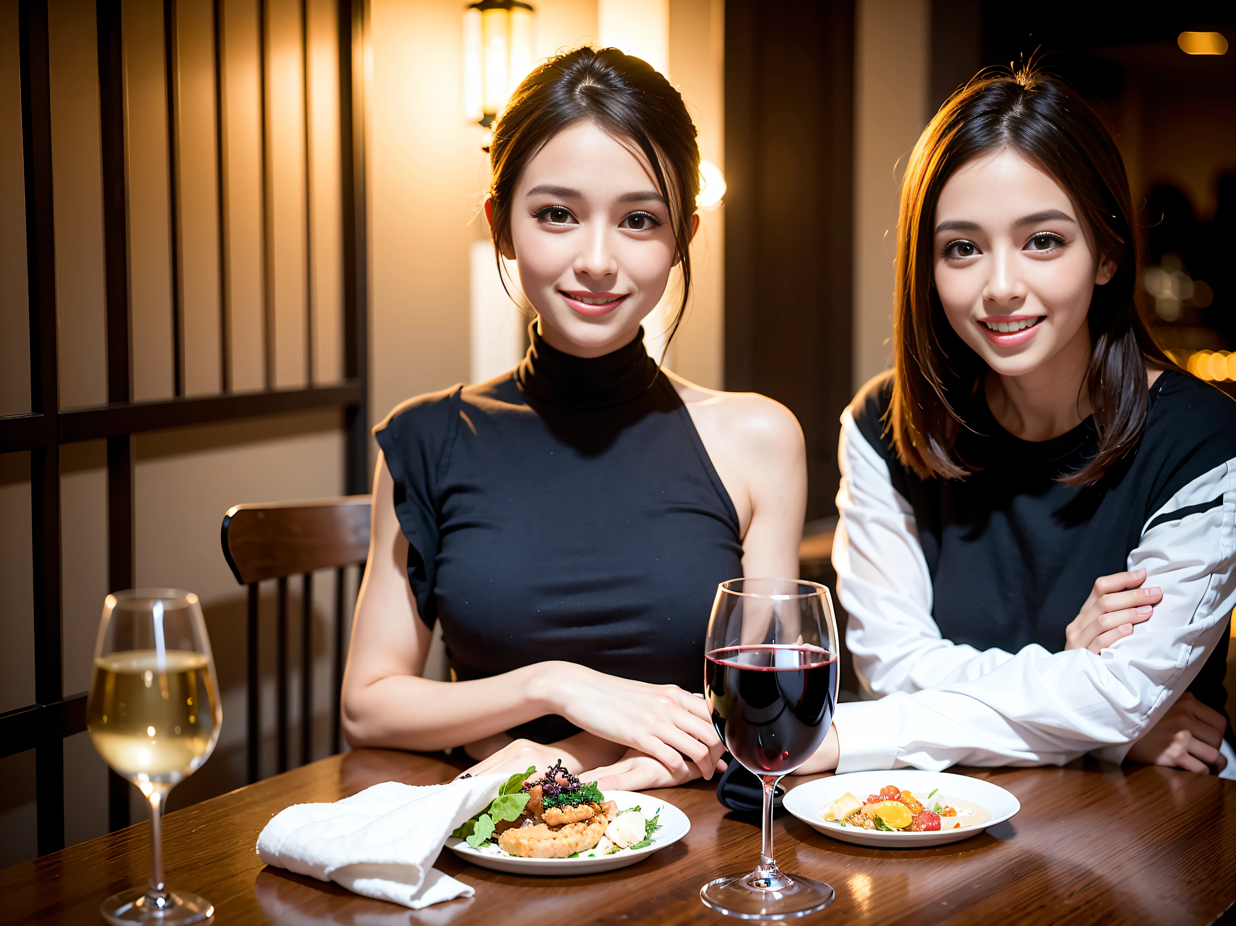 (64K, UHD, top quality, masterpiece: 1.2), (realistic, photorealistic: 1.37), super detailed, pretty woman 1 person, (slim face), (slim body), (brown hair), (short cut), cheeks slightly blushing, (35 years old), 38 years old, solo, beautiful detailed urban night view outside the window, restaurant, wine glasses sit, at night, in a prominent place (from the waist up) NovaFrogStyle, Actress, Model, Waist Up, White Wine, Slim, Wine Glass, Super Clean Night View, Wine Glass Put in the Middle, Happy Smile, (Smile: 1.15), Beautiful Fine Eyes, Upper Body, Bust Japan Up, Night, Short, Short, Actress, Model, Waist Up, White Wine, Slim, Wine Glass, Super Clean Night View, Wine Glass Put in the Middle, Happy Smile,