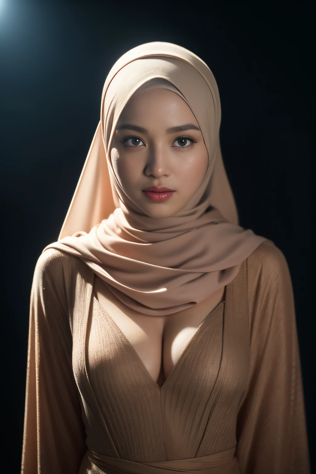 Nude superhero, javanese, (((hijabi))), cleavage, reflection light, chiaroscuro, depth of field, cinematic lighting, ray tracing, Sony FE GM, UHD, super detail, masterpiece, textured skin, high details, best quality, award winning,3D,hdr(HighDynamicRange),Ray tracing,NVIDIA RTX,Hyper-Resolution,Unreal 5,Subsurface scattering、PBR Texture、post-proces、Anisotropy Filtering、depth of fields、maximum definition and sharpness、Many-Layer Textures、Albedo e mapas Speculares、Surface coloring、Accurate simulation octane rendering of light-material interactions、Two-colored light、largeaperture、Low ISO、White balance、the rule of thirds、8K raw data