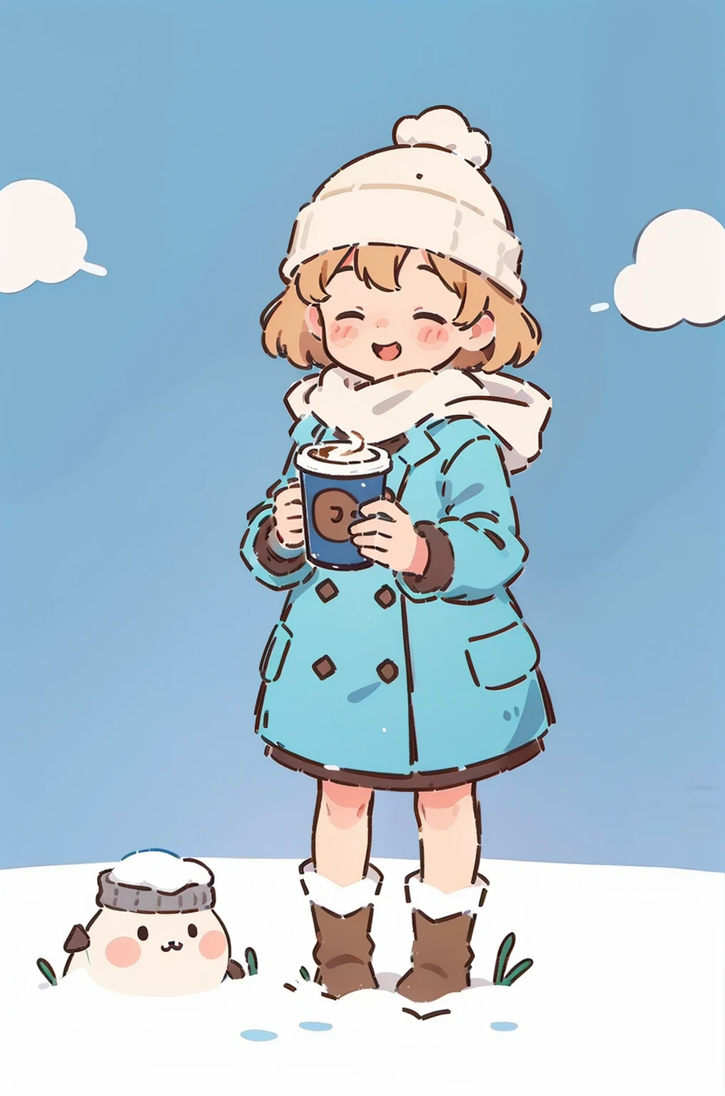 Illustration of a cute girl standing in the cold winter, Very happy,Holding a cup of warm coffee. The girl is wrapped in a cozy winter coat, Her breath is clearly visible in the cold air. Her blonde hair peeks out from under her beanie, Her cheeks are rosy from the cold. The color temperature is cold, Blue and gray are the main colors in the scene. The light is very soft, Cast a gentle light on the girl's face. The atmosphere is peaceful and wintery, Capturing the quiet beauty of cold days,flatillustration,cute big breasts