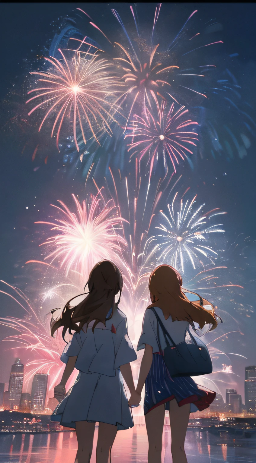 8K，high high quality！！Detail Enhancement！！Highest image quality！！！Two girls standing in front of fireworks show, fireworks, Fireworks in the background,The city is in the distance！ fire works, [ fireworks in the sky ]!!, anime backgrounds, firework background, 4k manga wallpapers, 4k anime wallpapers, anime wallpaper, fourth of july, anime vibes, Anime wallpaper 4k, Anime wallpaper 4k, ( ( Shinkai sincerely ) )