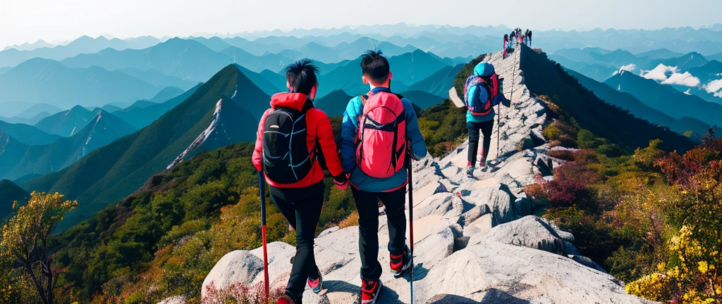 The moment when two people went to climb Mount Tai，  Climb halfway up the mountain，a young man and a woman，two guys，Hold hands ，One trekking pole per person，Help each other climb mountains