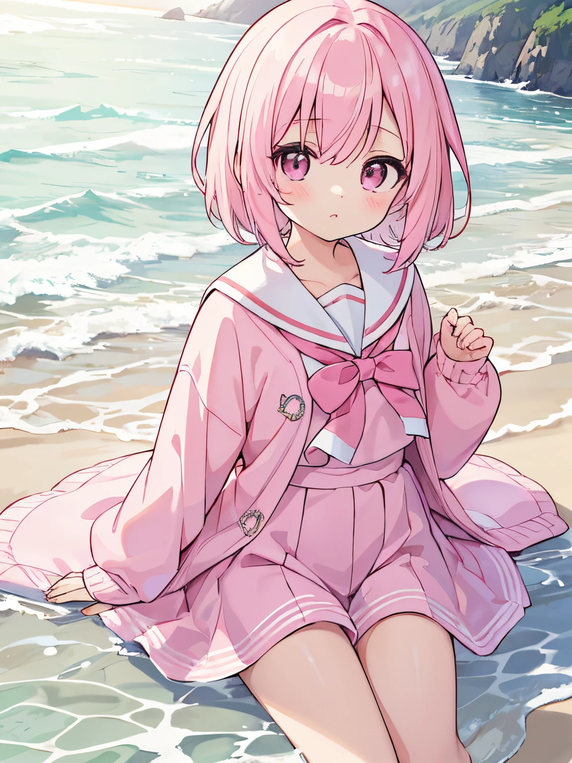 absurderes, hight resolution, (Anime style:1.1), ((masutepiece)), ((Best Quality)), (Ultra-detailed), (Beautiful), 独奏, Beautiful face、(liftup),cute girl on the sandy beach,Wind,light pink hair、bob、Hair short、Pink eyes、Hair flutters in the wind、pink sailor suit、a sailor suit、cute little、(masutepiece、Masterpiece、8K)(Best Quality)