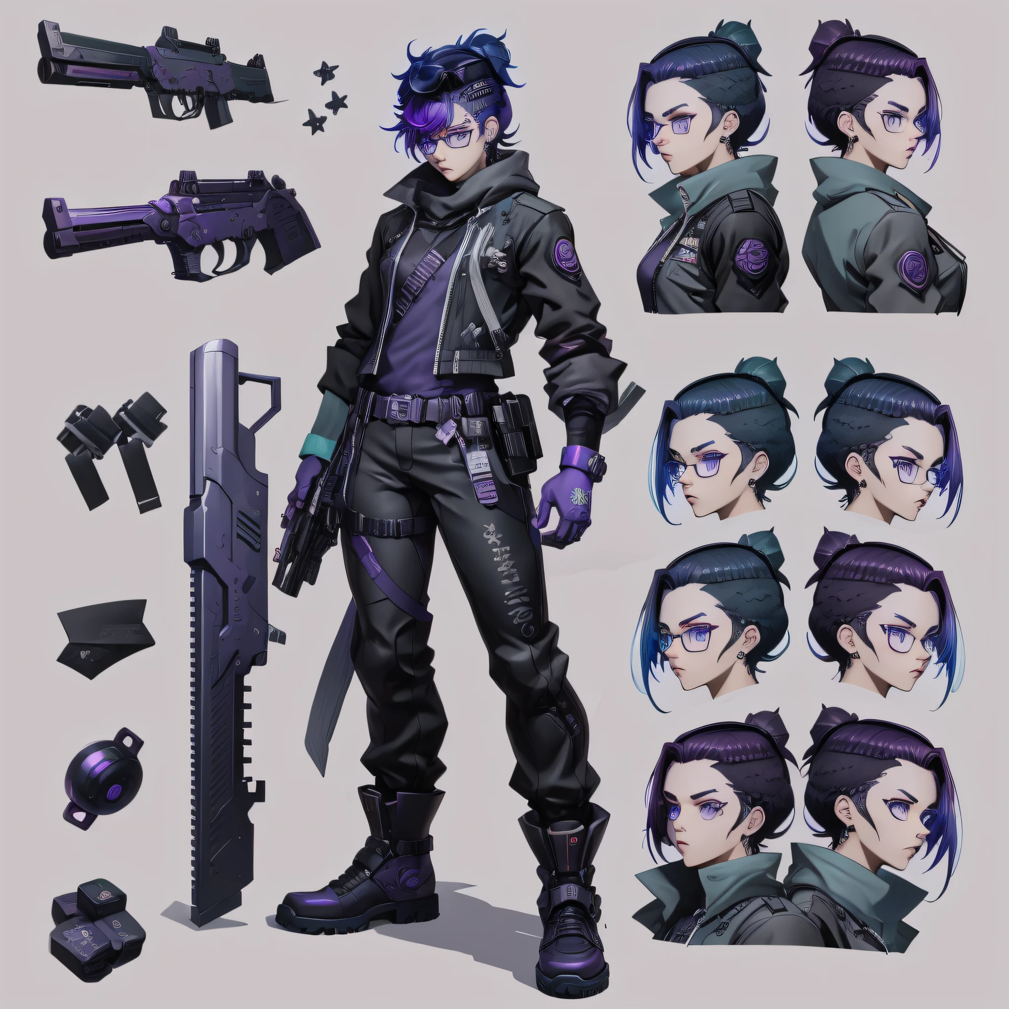 Anime character poses with weapons and various expressions, design de personagem altamente detalhado, personagem anime de uma soldado feminina com uma arma e um desenho de uma mulher com rosto com queixo fino, nariz fino e olhos grandes, e um rosto oval meio redondo, Ela parece uma mistura de Grimes, parece uma mistura de grimes, assemelhando-se a uma mistura de grimes, parece uma mistura de grimes, 19 anos, androgynous person, piercings e um moicano, short purple hair with messy undercut, brincos enormes, Cords and queer makeup, acid pixie, Molly do romance Neuromancer