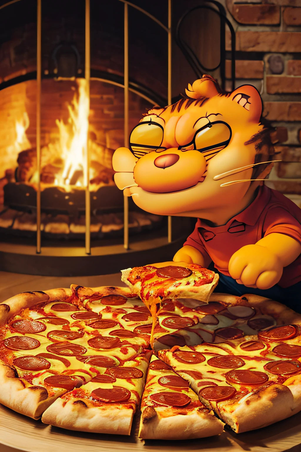 (Garfield:1.3), cat eating pizza, (Masterpiece), (Best Quality), (Ultra high Detailes)
