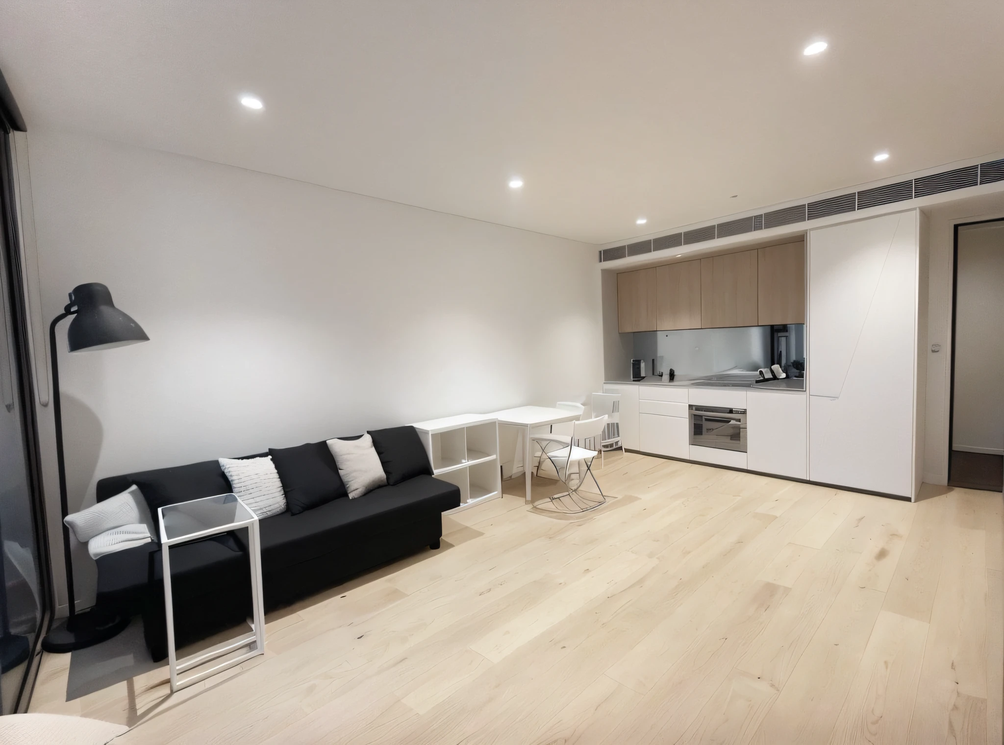 there is a white ikea HEMNES sofa bed in a white room with a wooden table and four chairs, modern minimalist f 2 0 clean, modern, minimalistic and beautiful, full subject shown in photo, city apartment, modern minimalist, lounge room, in chippendale sydney, fancy apartment, modern and minimalist, minimalist environment, minimalist and clean