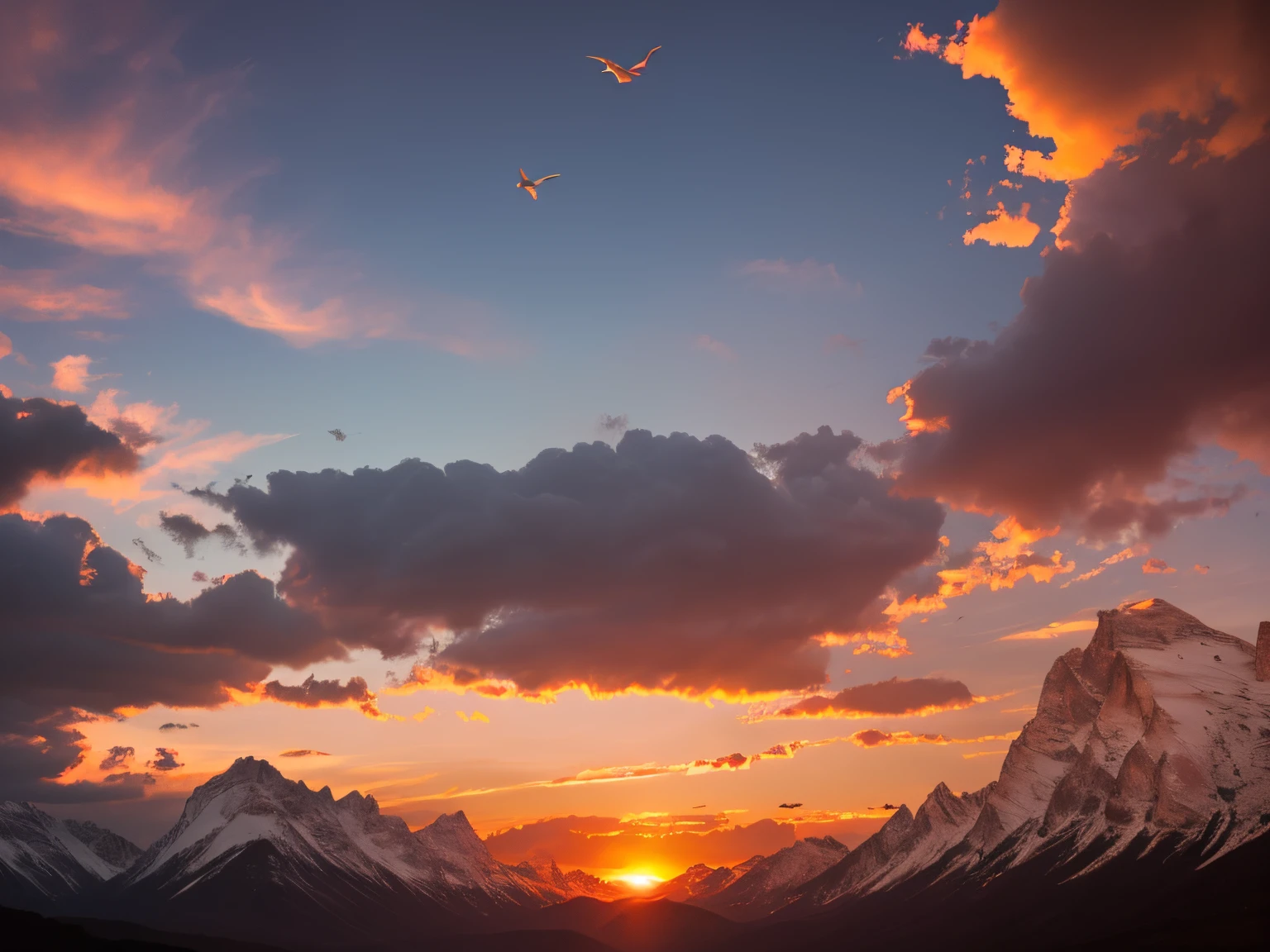 ((highest quality, 8k, masterpiece, photorealistic, RAW photo, highest quality)), some seagulls are flying in the sky at sunset against the background of mountains, sunset dark dramatic day, sunset dark dramatic, dramatic sunset and dramatic sky, moody sunset and dramatic sky, sunset dramatic light, golden hour twilight sky, ultra-realistic, high definition, realism, realistic photography, professional color correction, Shot with Canon EOS 5D Mark IV, moody sunset in the background --auto --s2