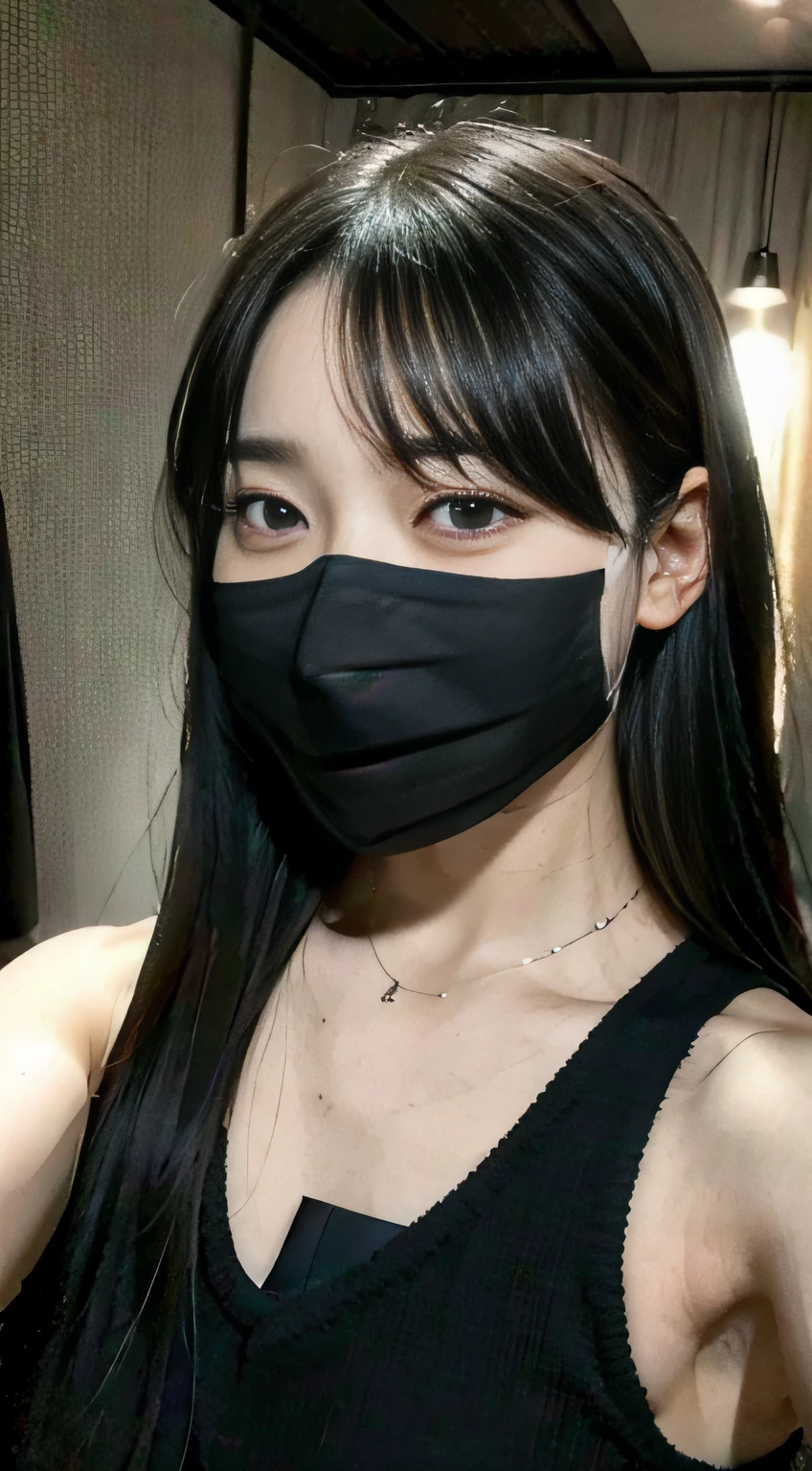 16k Ultra HD,Top quality,Extreme picture details,real picture,Textured Skin,Shandong beauty model,Highlights extremely exaggerated feminine muscular body features,Very tall and straight,elongated face,Longer chin,Bigger jaw,Wearing a black mask,whole body,,Sexy belly,Smile,