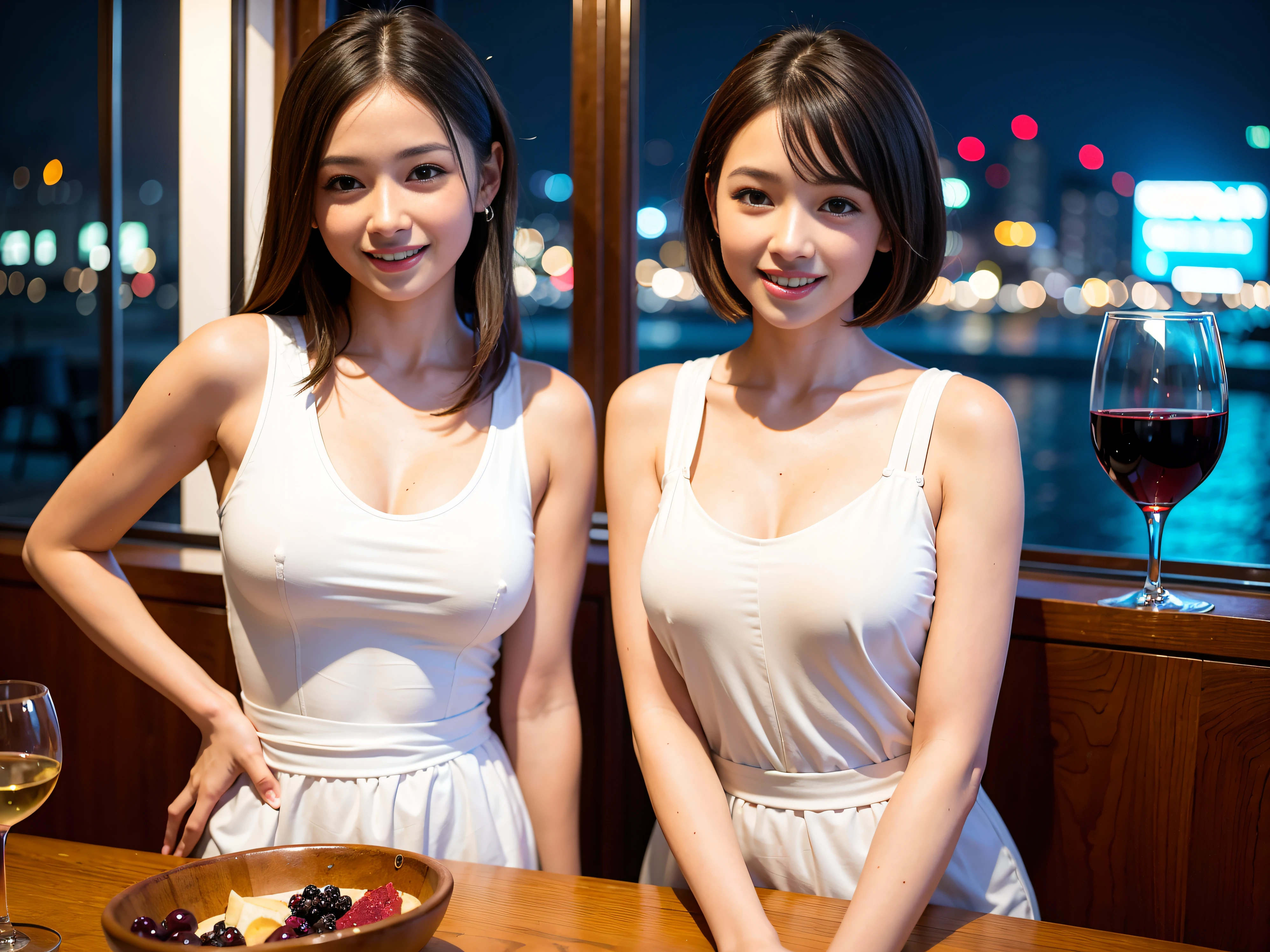 (64K, UHD, top quality, masterpiece: 1.2), (realistic, photorealistic: 1.37), super detailed, pretty woman 1 person, (slim face), (slim body), (brown hair), (short cut), cheeks slightly blushing, (44 years old), 38 years old, solo, beautiful detailed urban night view outside the window, restaurant, wine glasses sit, at night, in a prominent placeNovaFrogStyle, Actress, Model, Waist Up, White Wine, Slim, Wine Glass, Super Clean Night View, Wine Glass Put in the Middle, Happy Smile, (Smile: 1.15), Beautiful Fine Eyes, Upper Body, Bust Japan Up, Night, Short, Short, Actress, Model, Waist Up, White Wine, Slim, Wine Glass, Super Clean Night View, Wine Glass Put in the Middle, Happy Smile,