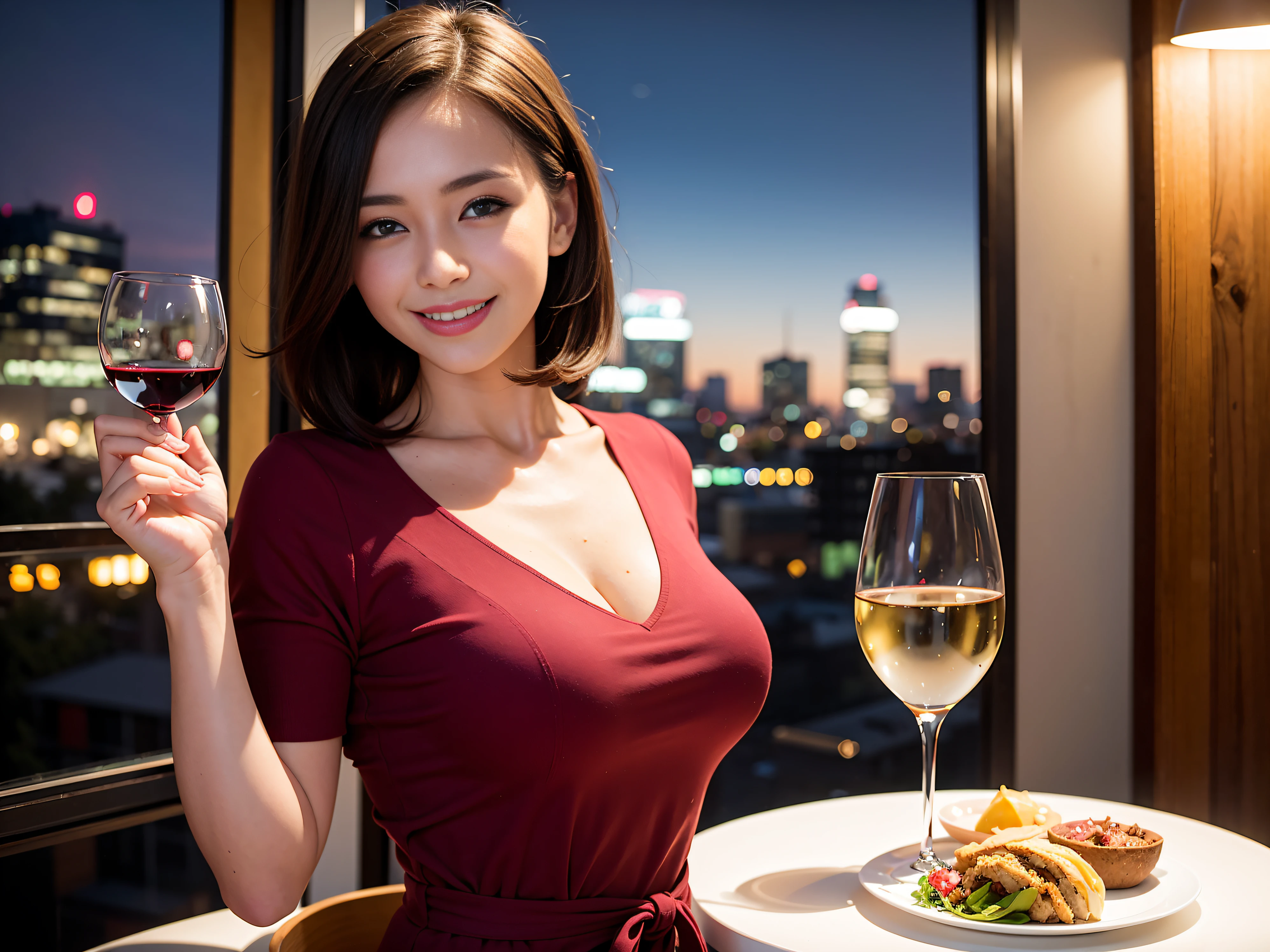 (64K, UHD, top quality, masterpiece: 1.2), (realistic, photorealistic: 1.37), super detailed, pretty woman 1 person, (slim face), (slim body), (brown hair), (short cut), cheeks slightly blushing, (44 years old), 38 years old, solo, beautiful detailed urban night view outside the window, restaurant, wine glasses sit, at night, in a prominent placeNovaFrogStyle, Actress, Model, Waist Up, White Wine, Slim, Wine Glass, Super Clean Night View, Wine Glass Put in the Middle, Happy Smile, (Smile: 1.15), Beautiful Fine Eyes, Upper Body, Bust Japan Up, Night, Short, Short, Actress, Model, Waist Up, White Wine, Slim, Wine Glass, Super Clean Night View, Wine Glass Put in the Middle, Happy Smile,