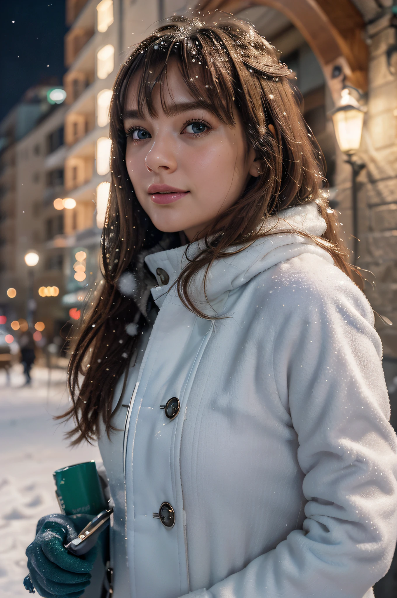 ((Masterpiece, Best Quality, high resolucion, UHD, Perfect Pixel, Depth of field, 4k, BAPV, HDR)), 1Girl, single, Solo, 24yo, beautiful anime girl, Beautiful art style, anime character, ((Long hair, parted bangs, Brown hair)), (Green Eyes:1.4, Round eyes, Beautiful Eyelashes, photorealistic eyes), (Detailed face, blushing:1.2), (smooth texture:0.75, realistic textured:0.65, Photorealistic:1.2, films, Animation CG Style),  Perfect Body,  (Dynamic Angle, POV, close-up), ((Winter clothes, Long coat, glove, glove, long underwear)), natta, night lamp, city lights, Bokeh:1.4, (plein air, city buildings, crowd of), ((wintery, Ojo, snow crystals, winter pine)), A cunning smile, Open mouth
