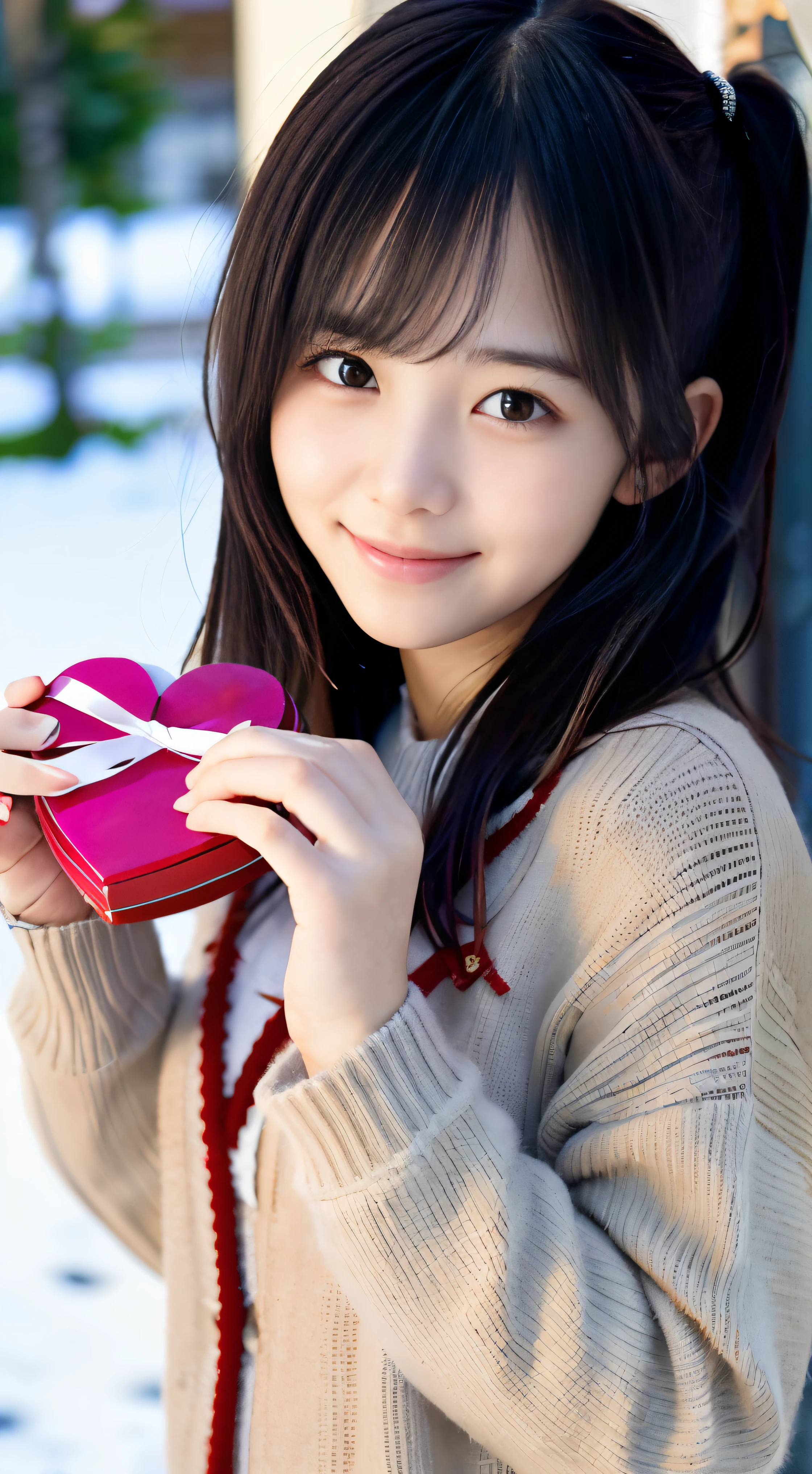 (Close-up portrait of a slender small-chested two-side-up hair girl in a winter coat and sweater:1.5)、(One girl holding a valentine gift box in her hands: Smiling shyly:1.5)、(Blurry background,:1.5)、(Perfect Anatomy:1.3)、(complete hands:1.3)、(complete fingers:1.3)、Photorealsitic、Raw photography、masutepiece、top-quality、hight resolution、delicate and pretty、face perfect、Beautiful detailed eyes、Fair skin、Real Human Skin、((thin legs))、(Dark hair)