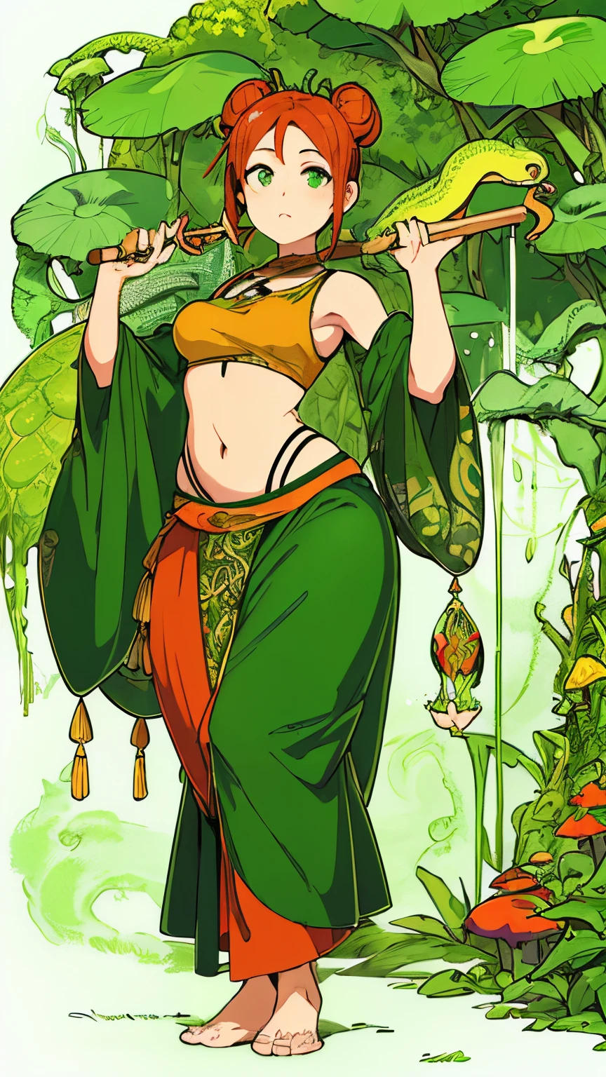[(white background:1.5), ::2]1girl, full body, chubby, small breasts, big ass, curly hair, hips, dark orange hair, buns, ponytails, hair buns, green long skirt, east, India, tattoo, gold, ornament, tan, magic stick, hookah, smoking, lizard, green eyes, yoga, ethnic clothing, solo, mid shot, full body, green vines, rainforest, lianas, big mushrooms, soft sun light, green tone, flytrap, snake, (masterpiece:1.5), (best quality:1.2), (beautiful background:1.5), detailed background, (rain:1)