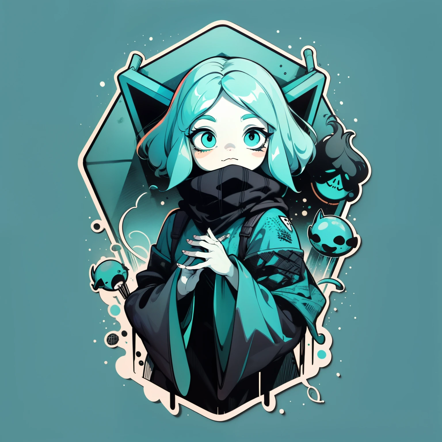 Stickers, 1girl, simple background, overlook, (turquoise theme color:1.2), (hex color #40E0D0)