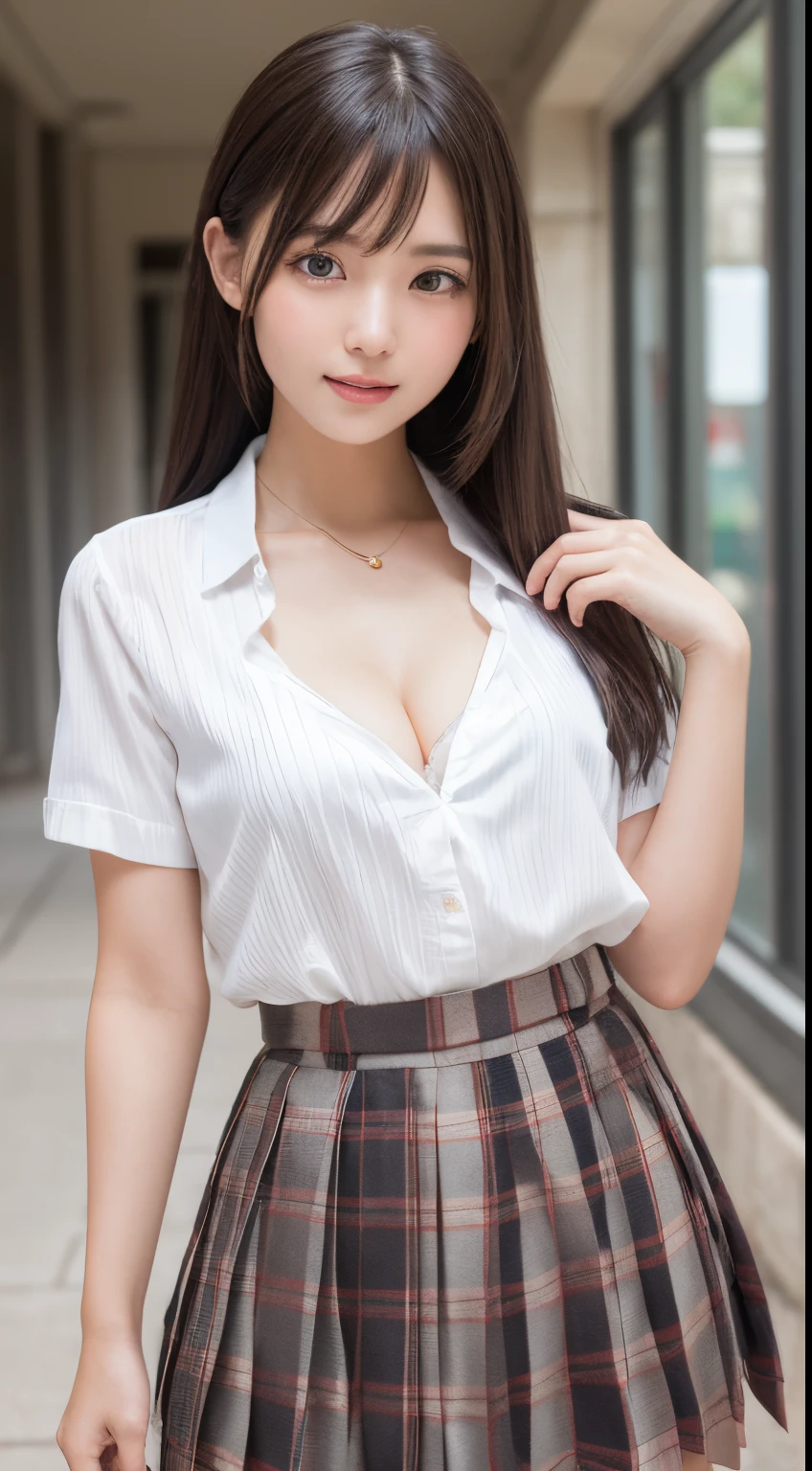 table top, highest quality, figure, super detailed, finely, High resolution, 8k wallpaper, 完璧なダイナミックな構figure, detailed and beautiful eyes, Trendy women&#39;s fashion winter clothes,bun hair,natural color lip, sexy pose,smile,Harajuku、20 year old girl、cute、looking at camera、slim waist, ((Wet white button long shirt:1.1))、White Ultra Mini Skirt、micro mini g string, (((Big breasts that are about to burst :1.2, and sagging breasts:1.1))), There is a cleavage in the chest, big breasts same, There is a cleavage in the chest, whole bodyボディー, Navel exposed, random sexy poses (charming monkey:1), whole body, big breasts, Are standing, school uniform, plaid skirt, collared shirt, abdomen, button removed, open clothes, nipple, bangs, feminine expression, Ulchan-6500-v1.1, sofa, (spread your legs wide open), (Not wearing panties:1.5), (((It&#39;s blurry))), Depth of the bounds written, (Photo seen from below)、looking at the viewer,