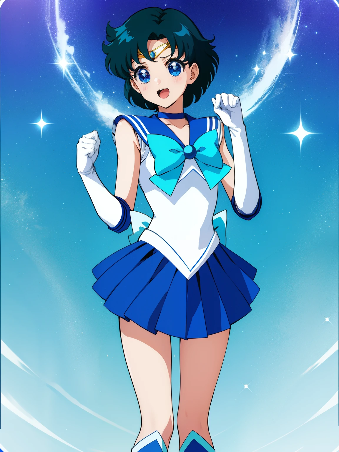 Top Quality Anime Art、​masterpiece、high definition anime art、アニメstyles4K、Anime Boy、****************** boys、gender change、gender change(Girls to boys)、Ami Mizuno、rating:safe、Sailor Senshi Uniform、Sailor Mercury、Masculinization、Blue sailor collar、Sky blue bow tie、Very short blue-haired boy、solo、Blue-eyed boy、puddle、a blue skirt、white glove、open_mouth、elbowgloves、skirt、smile、Blue choker、Bubbles float around him、back_bow、looking_at_viewer、White leotard、highleg leotard、robe blanche、shiny、Strong muscles、cowboy_shot、shiny_hair、water、bow、Muscular and strong、from_behind、a miniskirt、pleatedskirt、eyebrows_visible_through_hair、Muscular men、blue_bow、sky blue_bow、white_bow、parted_bangs、Boy standing in water、looking_back、bangs、blush、jewelry、Hands on the buttocks、nape of neck、circlet、Bare shoulders、(1990's\(styles\):0.9)、