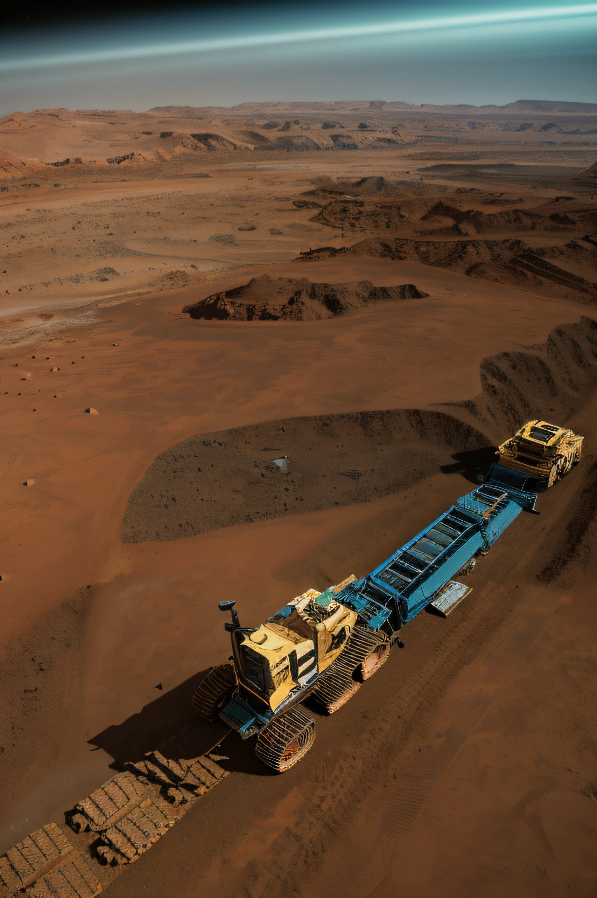 On Mars, a huge, cutting-edge mining excavation machine is at work. Metallic luster texture, mineral conveyor belt, and mining personnel are distributed on the Martian ground. Bright picture, different machines, starry sky, daytime, digging into large mechanical details, super wide angle, bird's eye view, high realism, light and dark